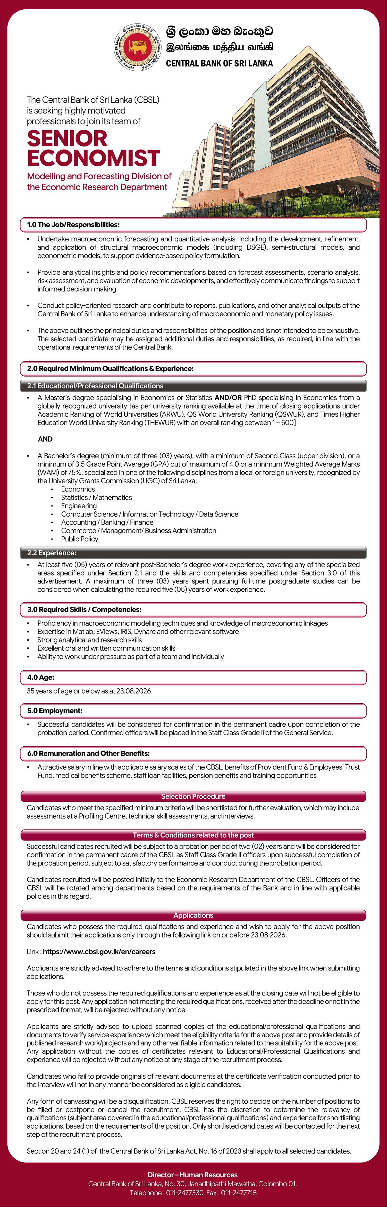 Senior Economist - Central Bank of Sri Lanka