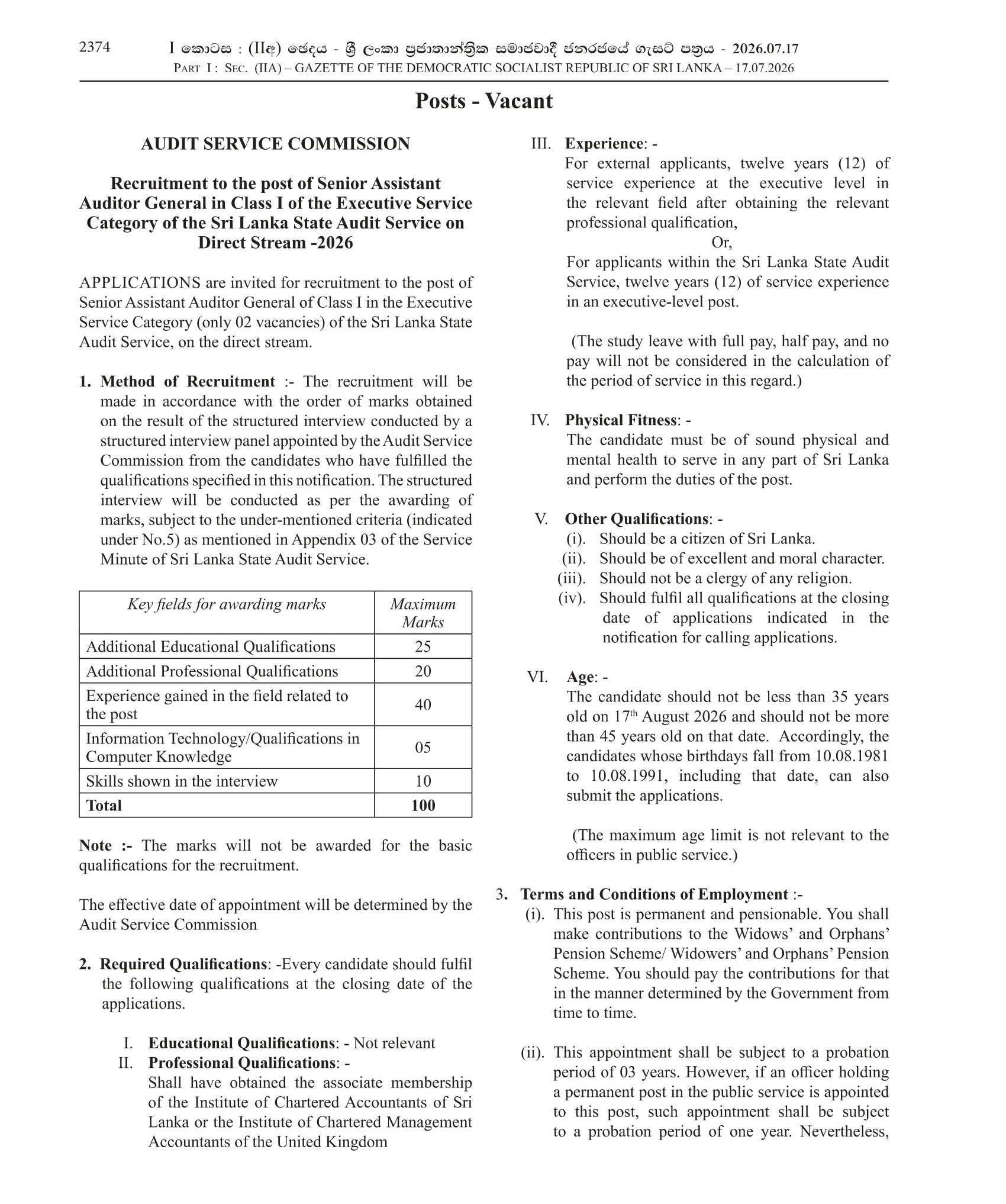 Senior Assistant Auditor General - Audit Service Commission