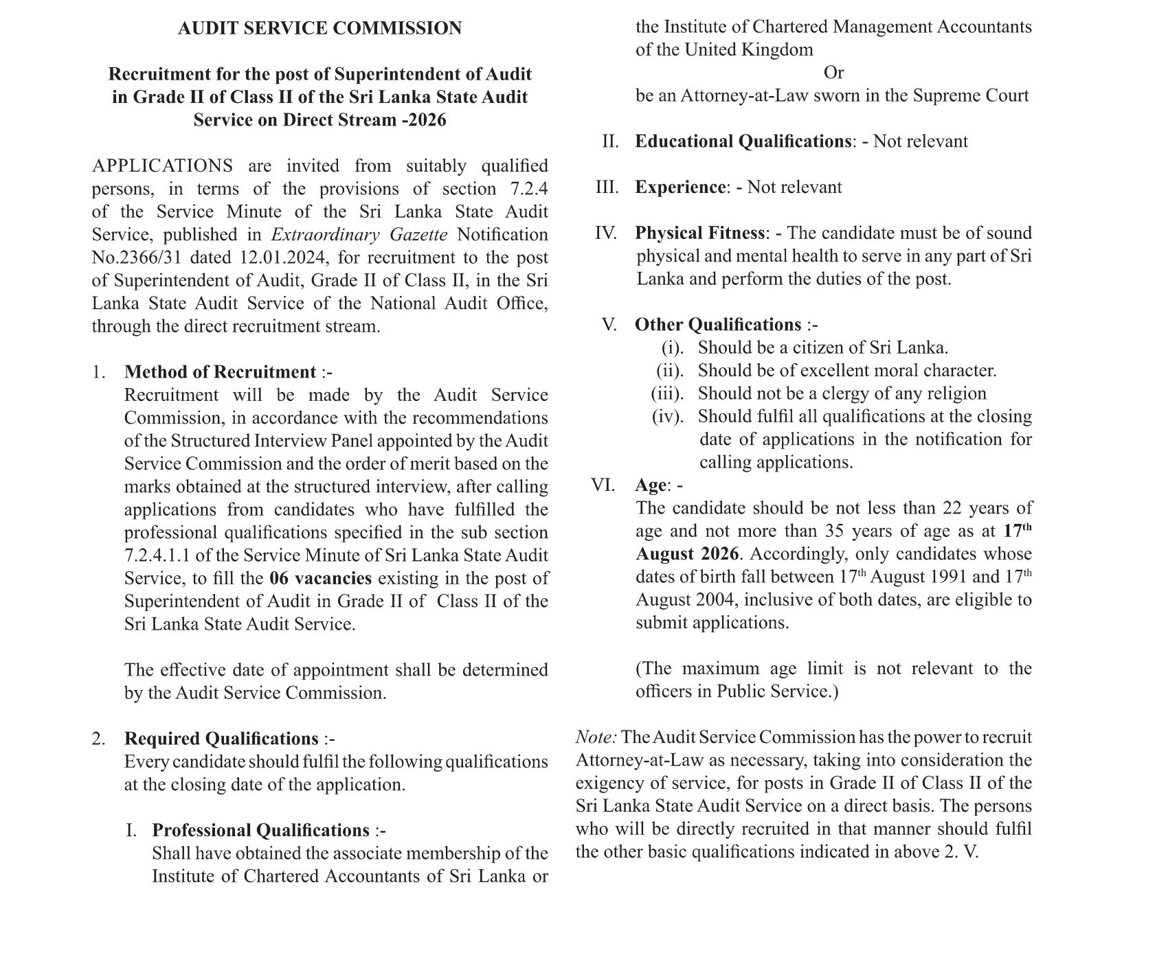 Superintendent of Audit - Audit Service Commission