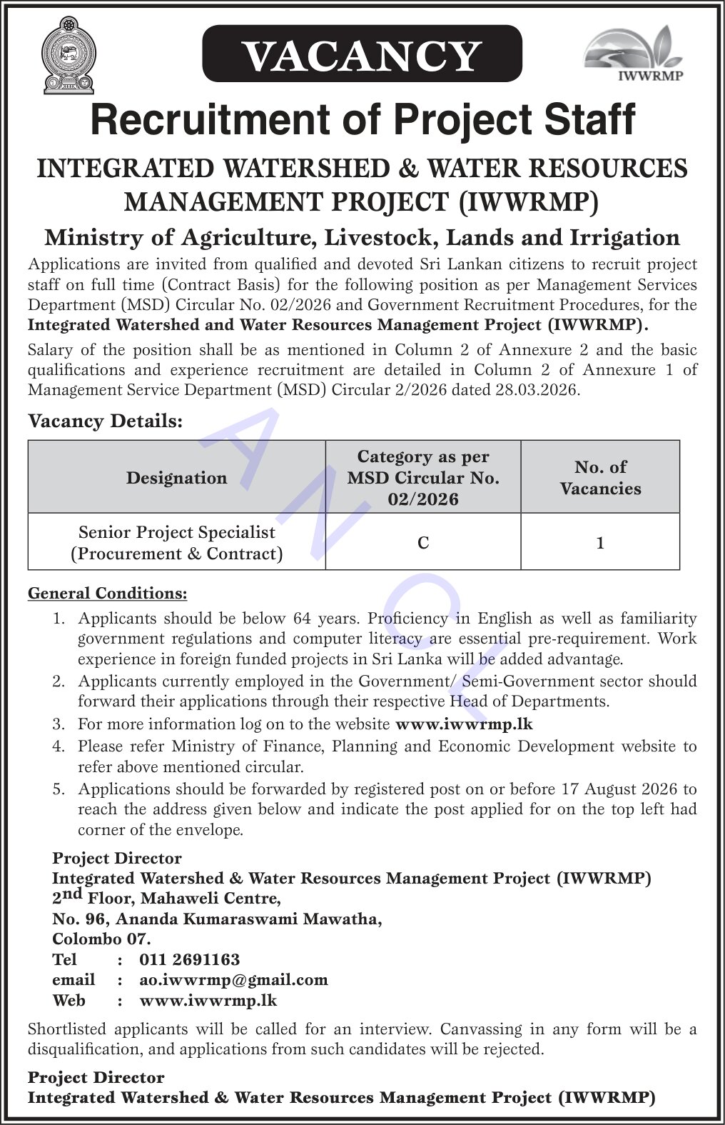 Senior Project Specialist - Ministry of Agriculture, Livestock, Lands & Irrigation