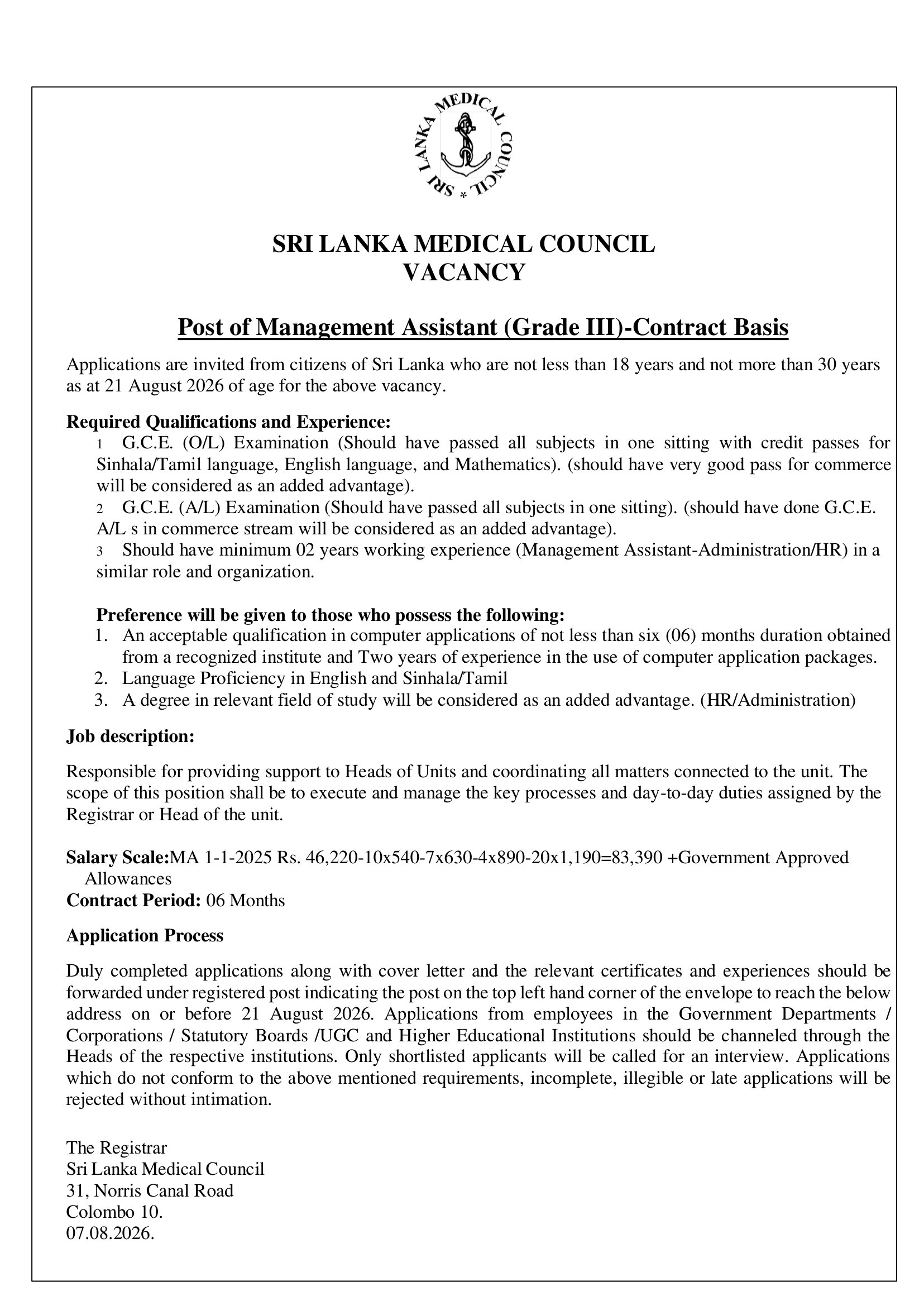 Management Assistant - Sri Lanka Medical Council