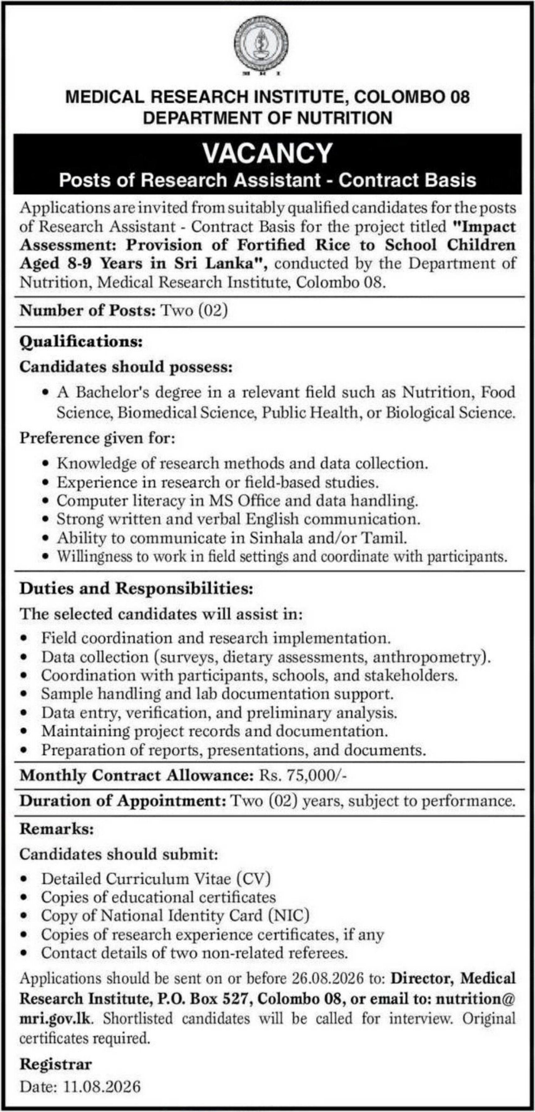 Research Assistant - Medical Research Institute