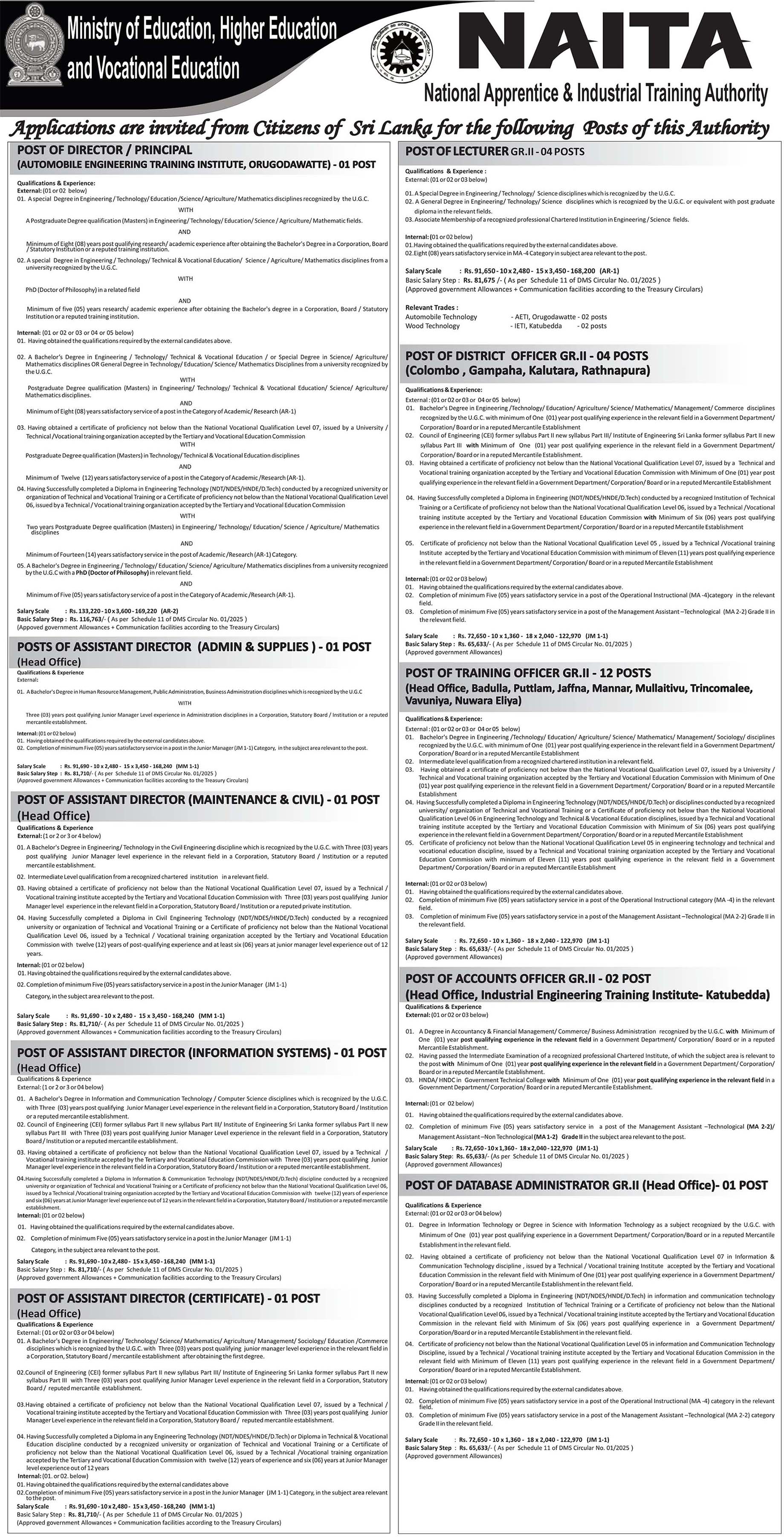 District Officer, Training Officer, Accounts Officer, System Administrator, Quality Assurance Officer, Transport Officer, Translator, Instructor Assistant, Laboratory Assistant, Litho Machine Operator, Driver, Skilled Craftsman, Office Aide & More Vacancies - National Apprentice & Industrial Training Authority