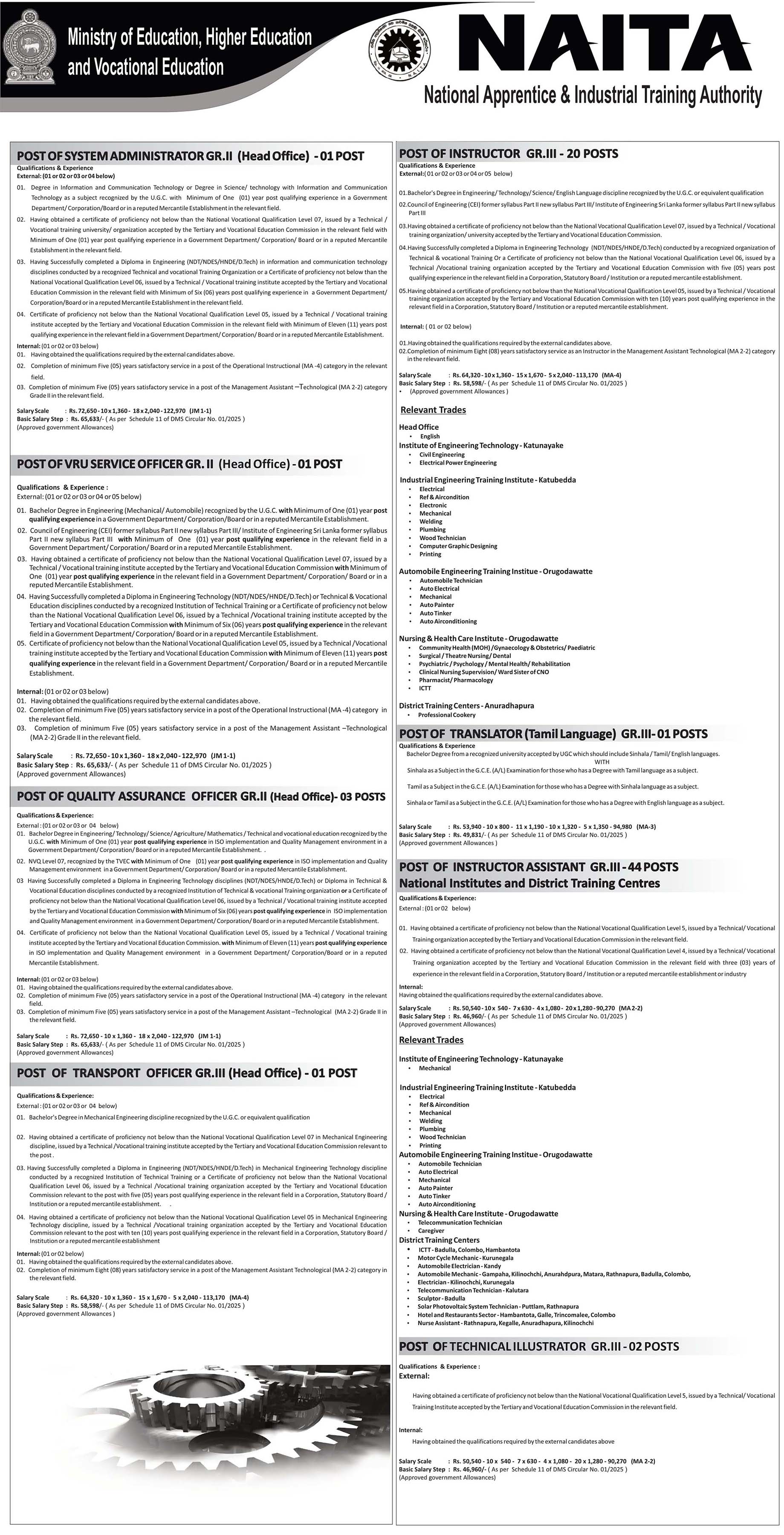 District Officer, Training Officer, Accounts Officer, System Administrator, Quality Assurance Officer, Transport Officer, Translator, Instructor Assistant, Laboratory Assistant, Litho Machine Operator, Driver, Skilled Craftsman, Office Aide & More Vacancies - National Apprentice & Industrial Training Authority