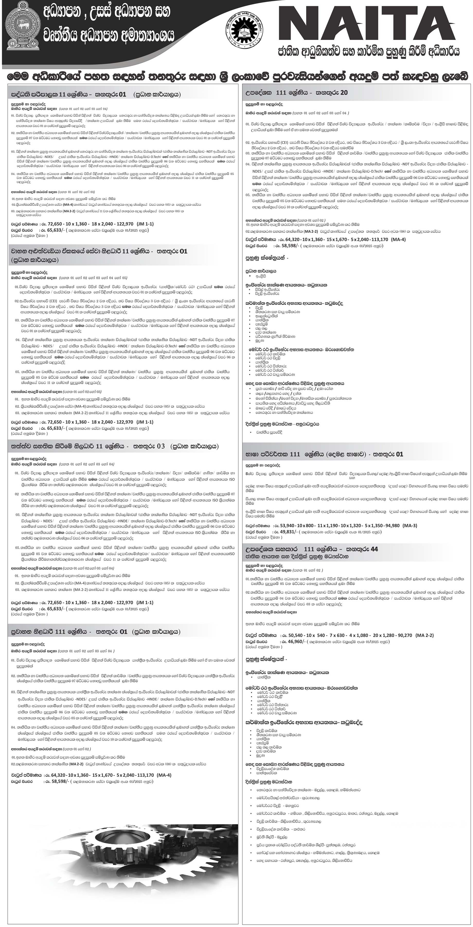 District Officer, Training Officer, Accounts Officer, System Administrator, Quality Assurance Officer, Transport Officer, Translator, Instructor Assistant, Laboratory Assistant, Litho Machine Operator, Driver, Skilled Craftsman, Office Aide & More Vacancies - National Apprentice & Industrial Training Authority