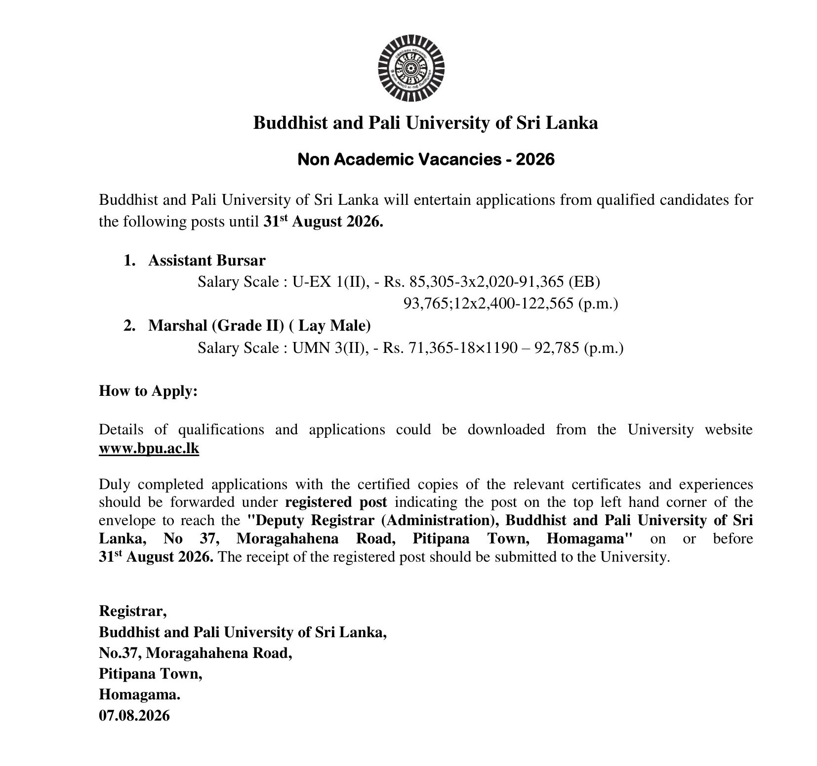 Assistant Bursar, Marshal - Buddhist & Pali University of Sri Lanka