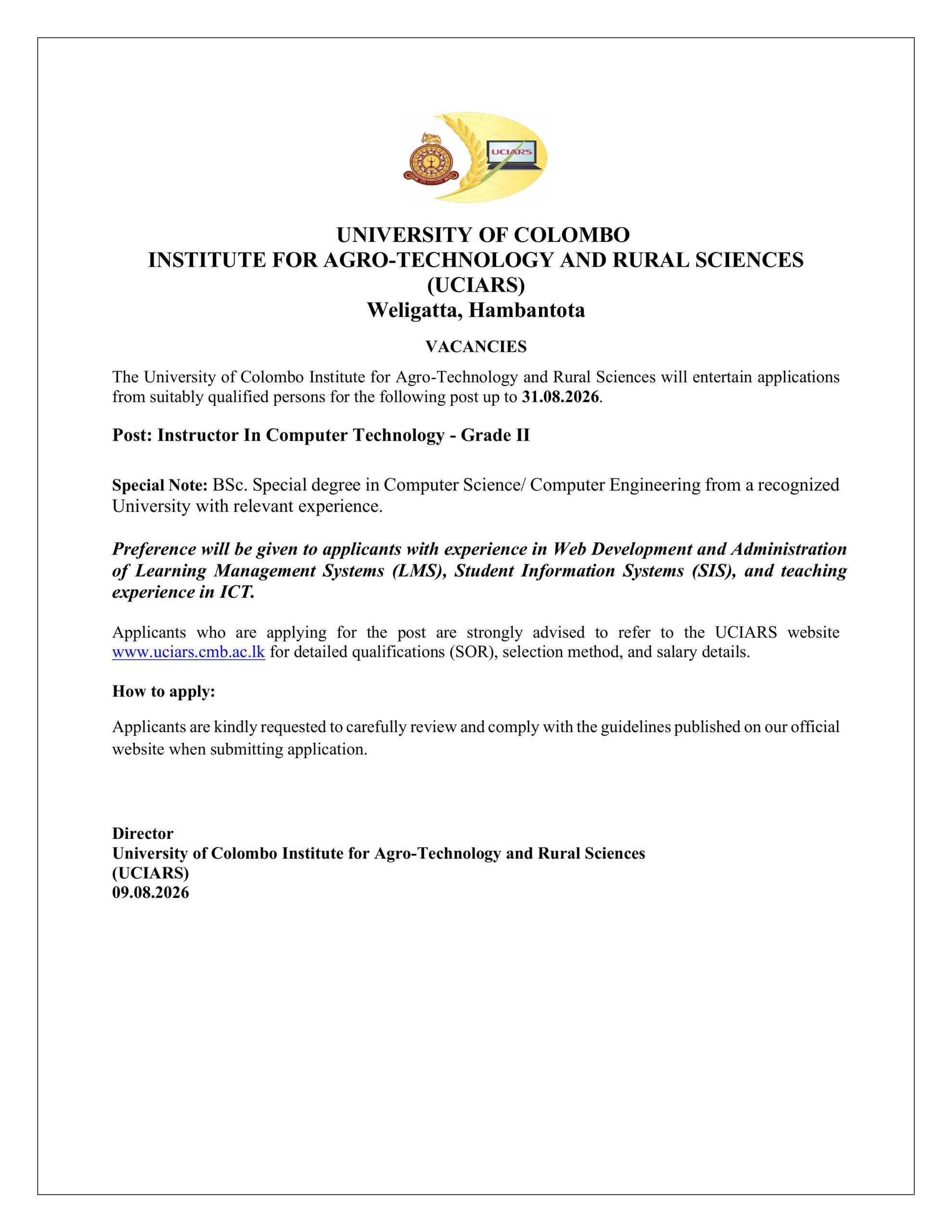Instructor - Institute for Agro Technology & Rural Sciences - University of Colombo