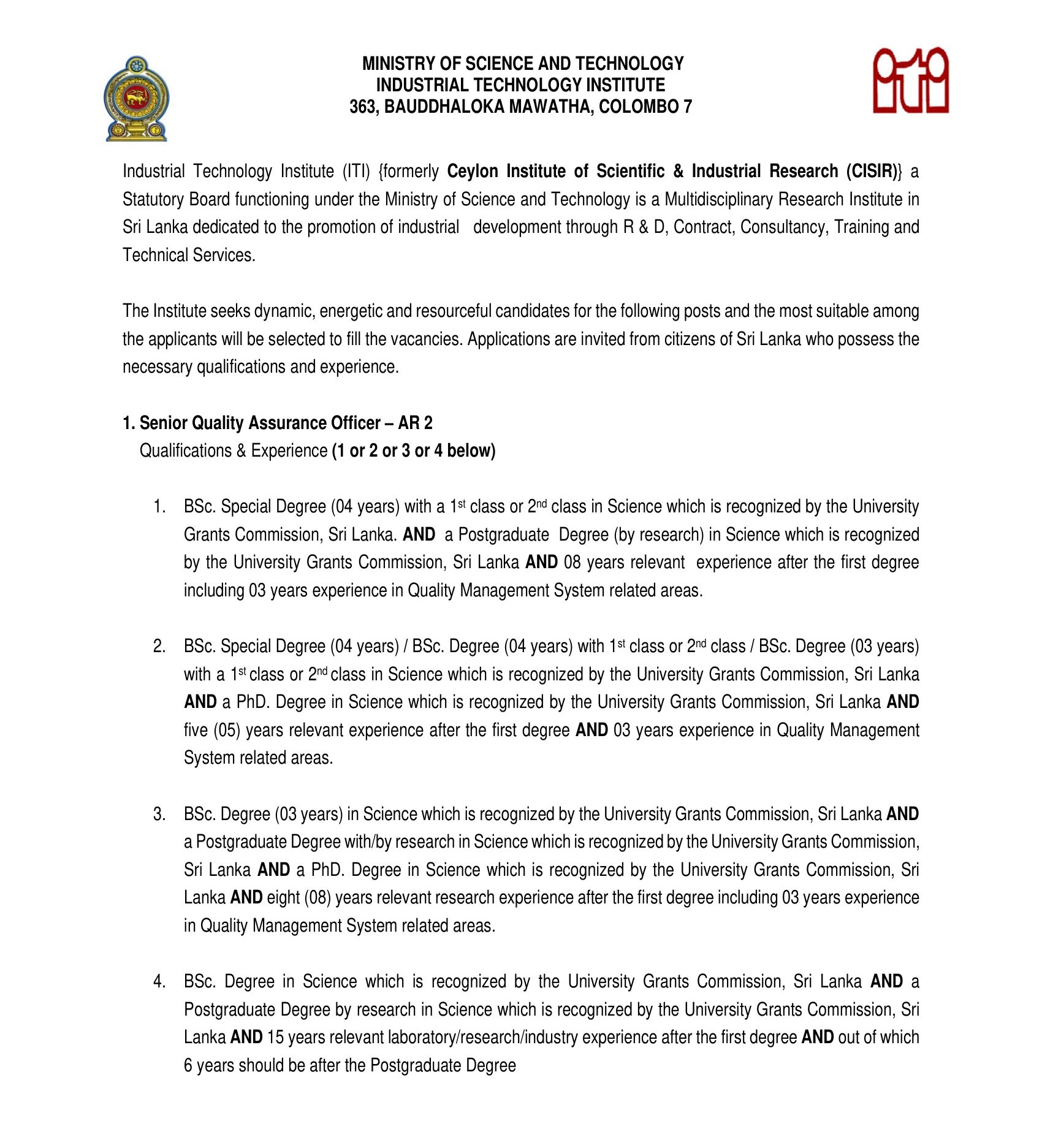 Senior Quality Assurance Officer, Senior Computer System Engineer - Industrial Technology Institute