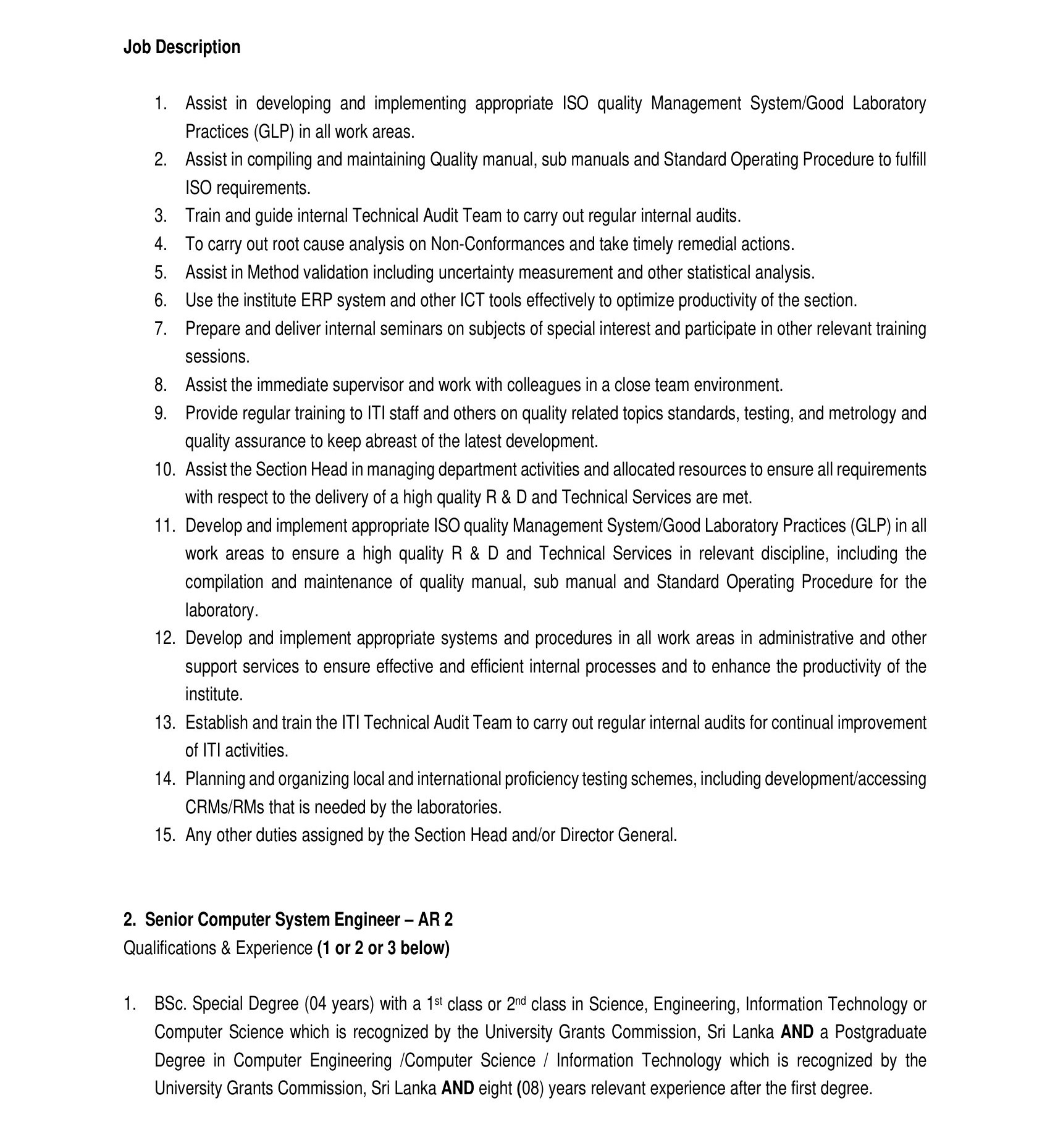 Senior Quality Assurance Officer, Senior Computer System Engineer - Industrial Technology Institute