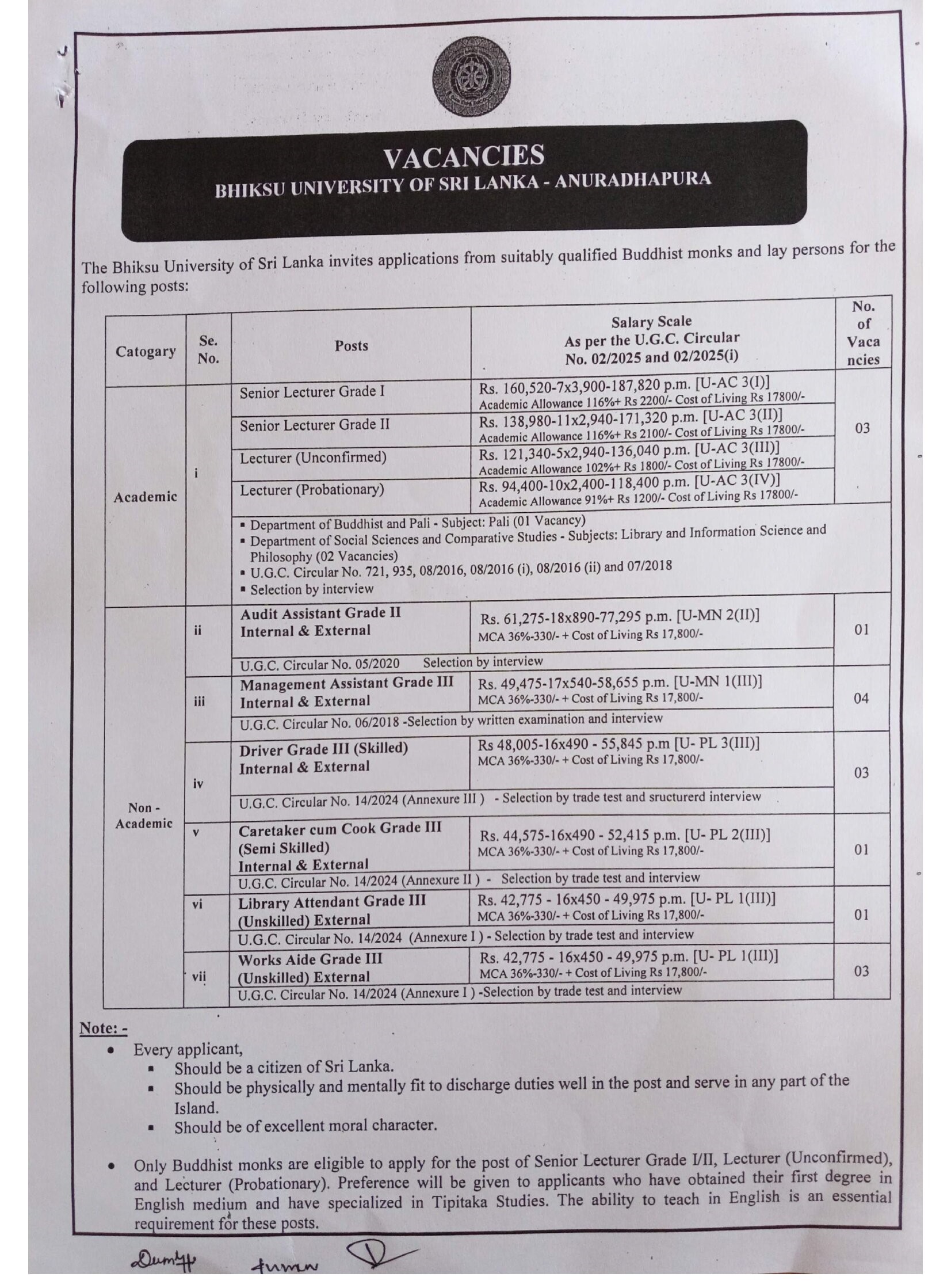 Management Assistant, Audit Assistant, Driver, Caretaker/Cook, Library Attendant, Works Aide, Senior Lecturer, Lecturer - Bhiksu University of Sri Lanka 