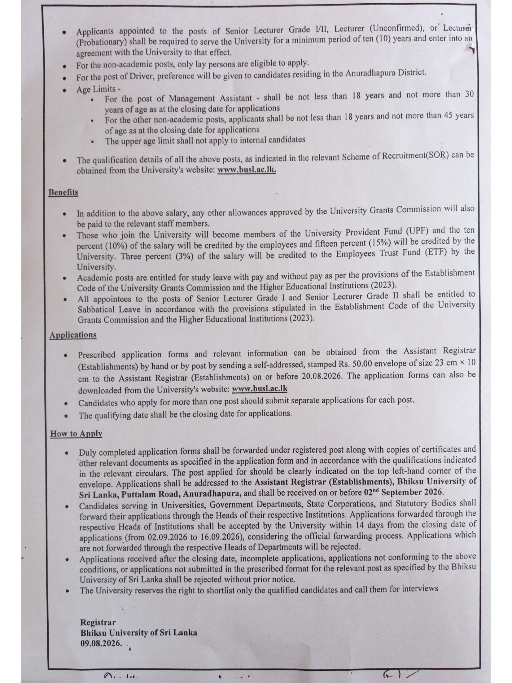 Management Assistant, Audit Assistant, Driver, Caretaker/Cook, Library Attendant, Works Aide, Senior Lecturer, Lecturer - Bhiksu University of Sri Lanka