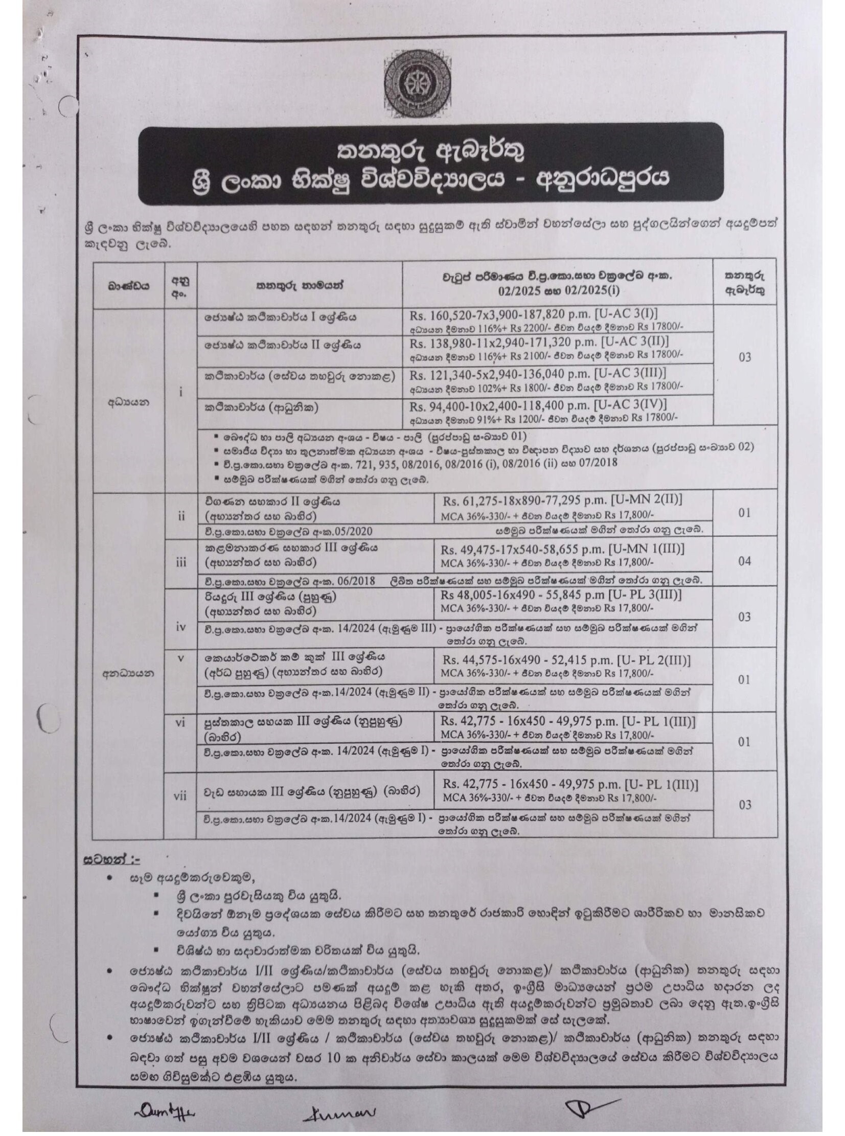 Management Assistant, Audit Assistant, Driver, Caretaker/Cook, Library Attendant, Works Aide, Senior Lecturer, Lecturer - Bhiksu University of Sri Lanka 