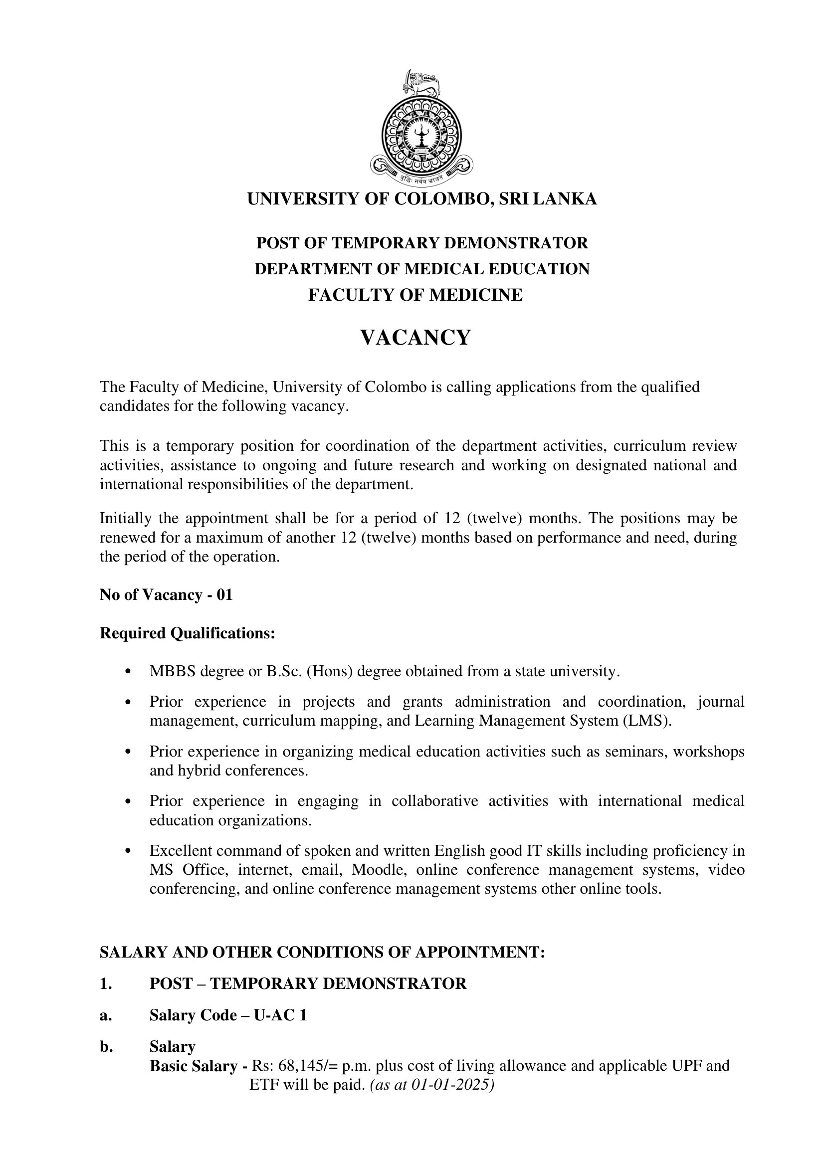 Temporary Demonstrator - University of Colombo