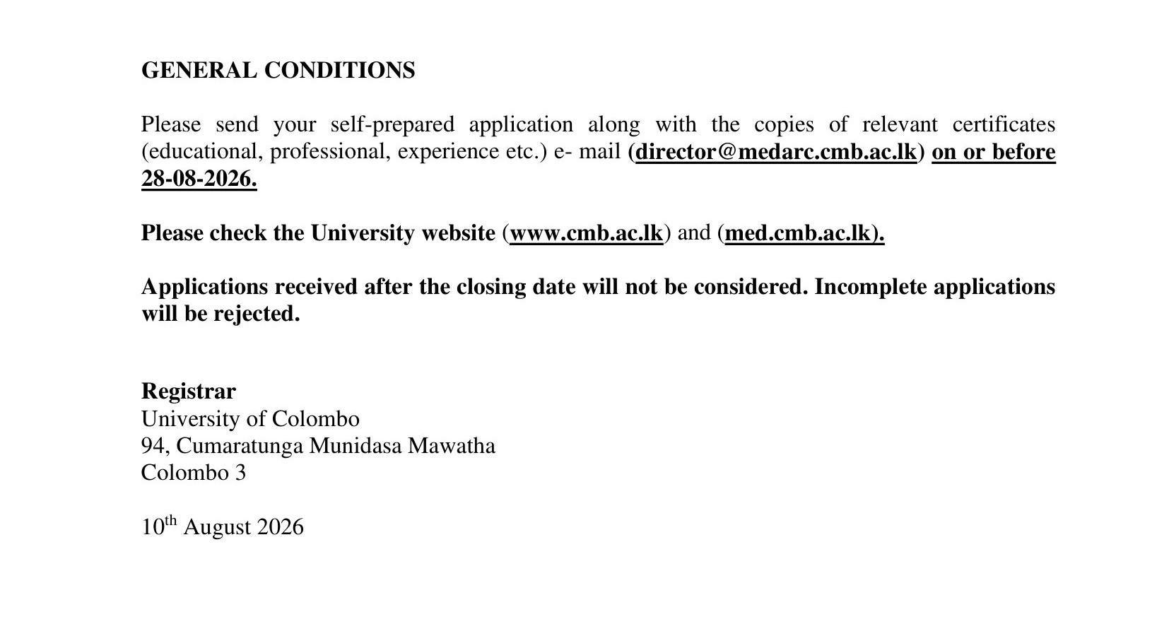 Temporary Demonstrator - University of Colombo