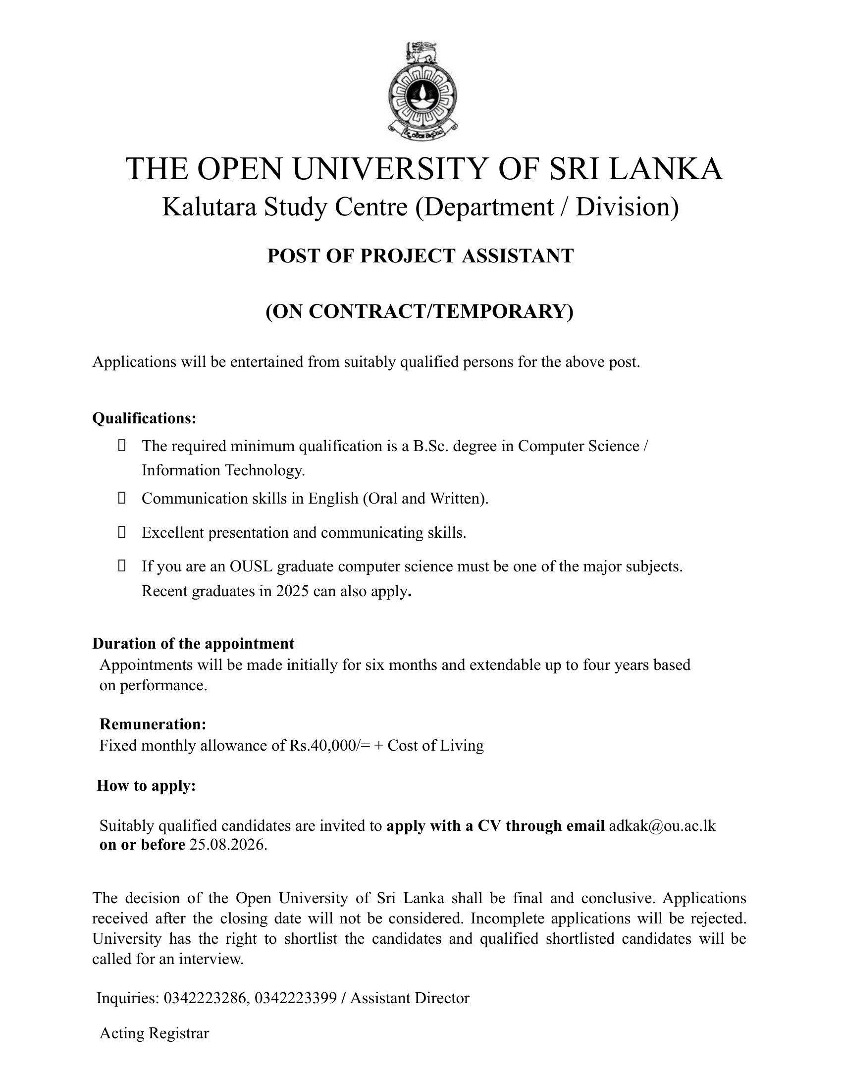 Project Assistant - The Open University of Sri Lanka