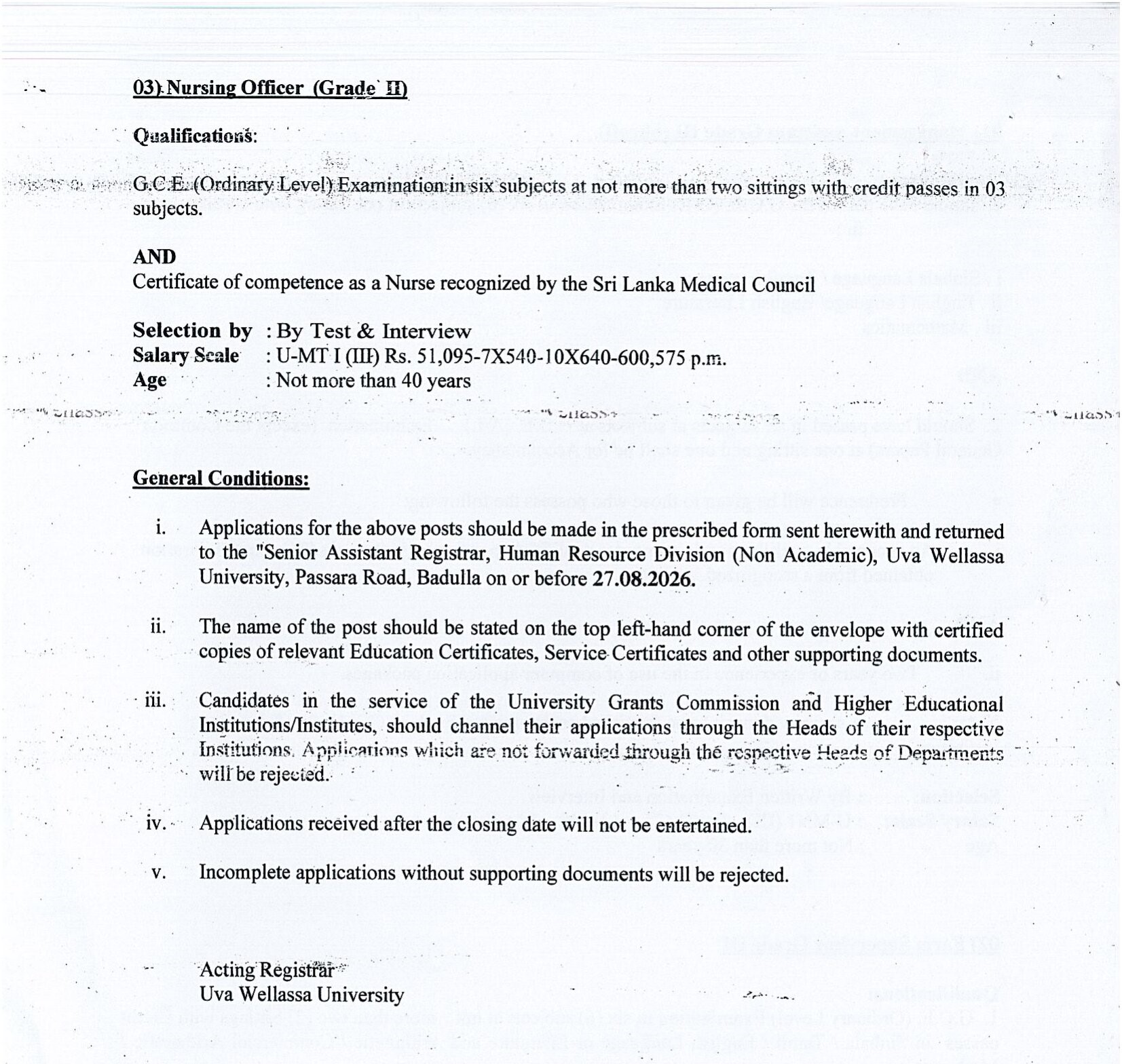 Management Assistant, Farm Supervisor, Nursing Officer - Uva Wellassa University