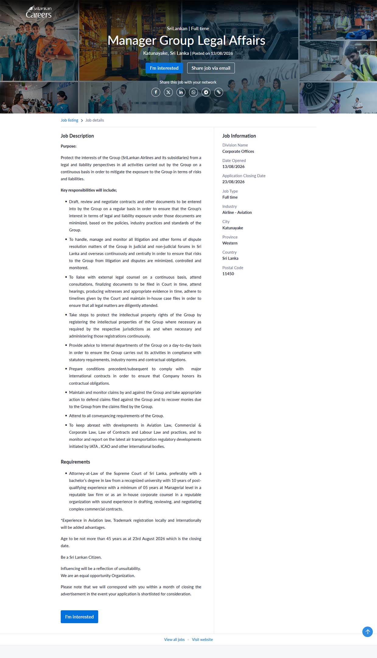 Manager Group Legal Affairs - SriLankan Airlines Limited