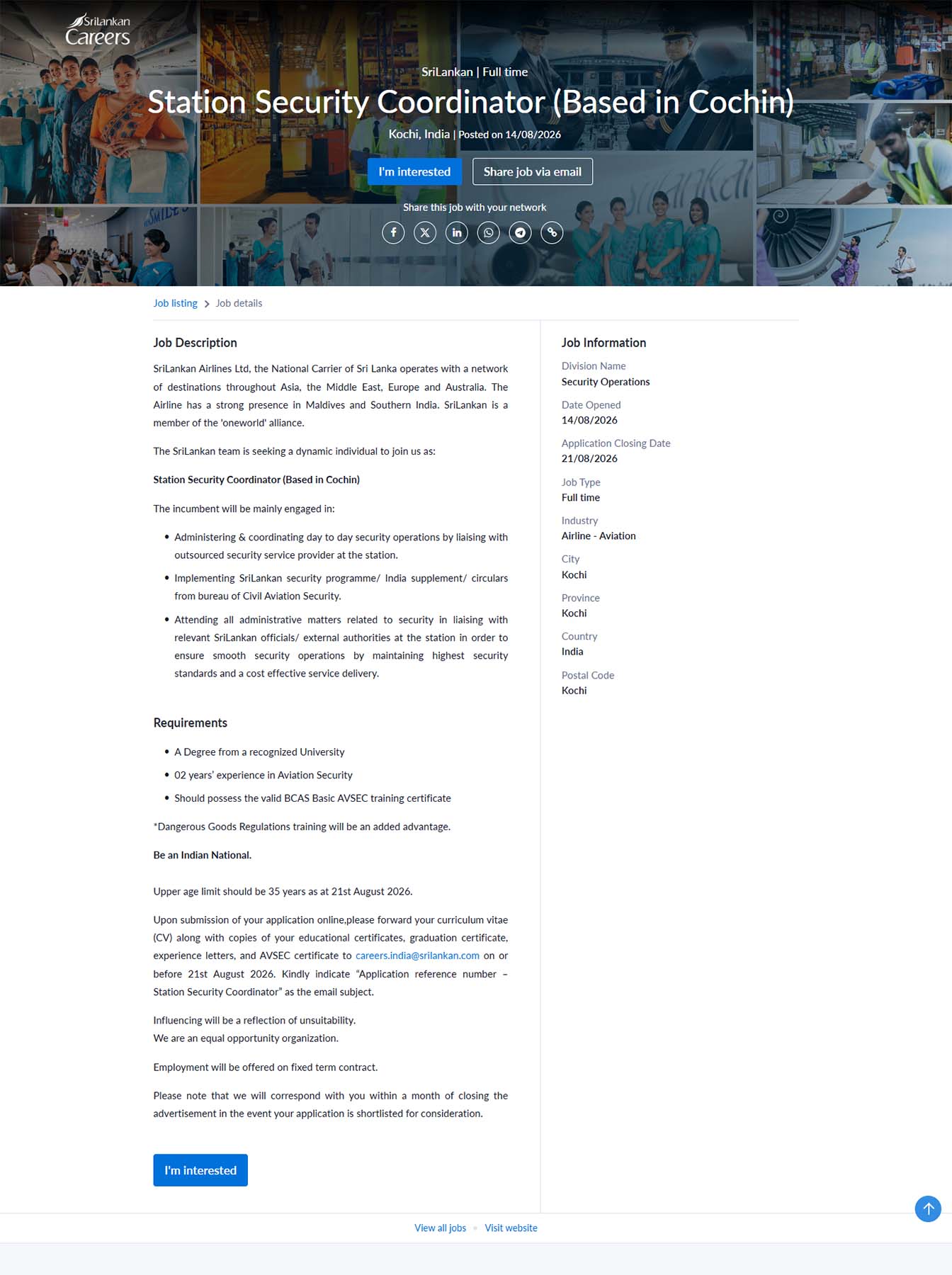 Station Security Coordinator (Based in Cochin) - SriLankan Airlines Limited