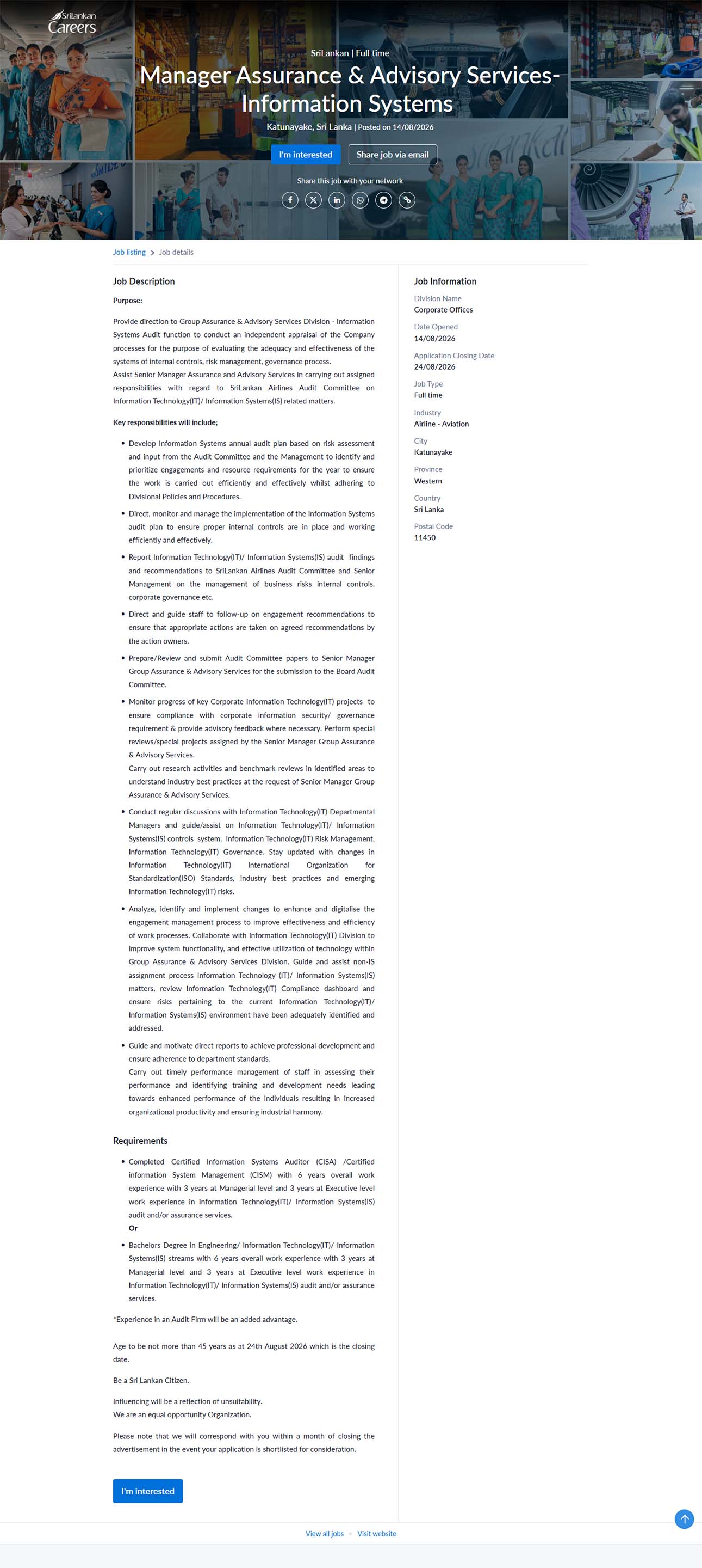 Manager Assurance & Advisory Services (Information Systems) - SriLankan Airlines Limited
