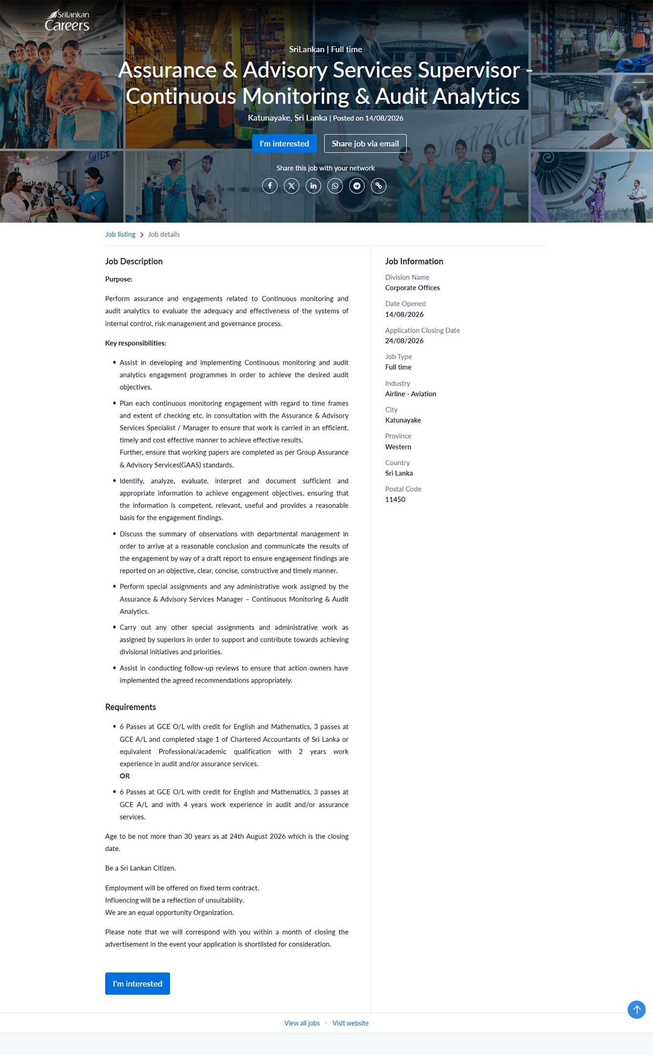 Assurance & Advisory Services Supervisor (Continuous Monitoring & Audit Analytics) - SriLankan Airlines Limited