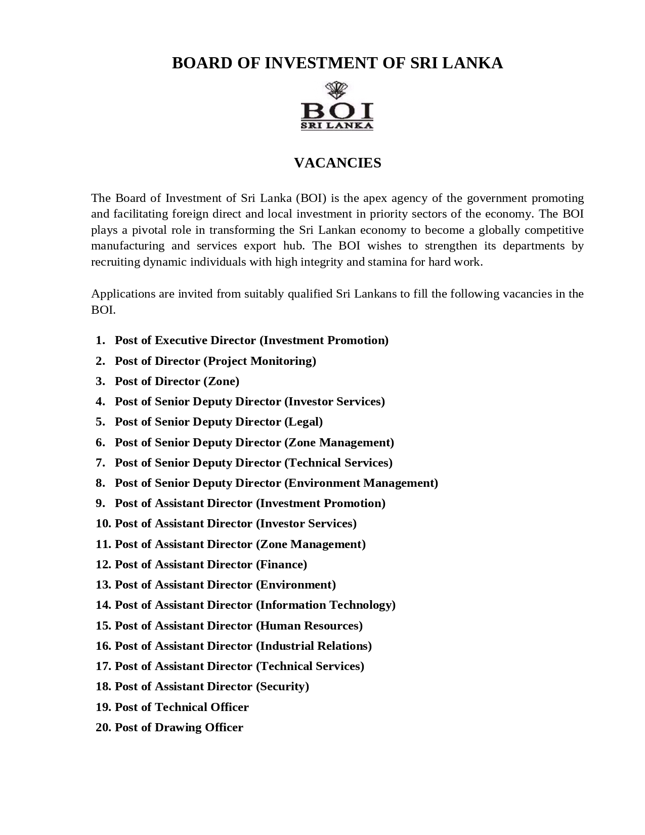 Technical Officer, Drawing Officer, Investor Services Officer, Investment Promotion Officer, Investment Appraisal Officer, Legal Officer, Internal Audit Officer, Zone Management Officer, Administrative Officer, Technical Assistant, Computer Operator, Fireman & more - Board of Investment of Sri Lanka