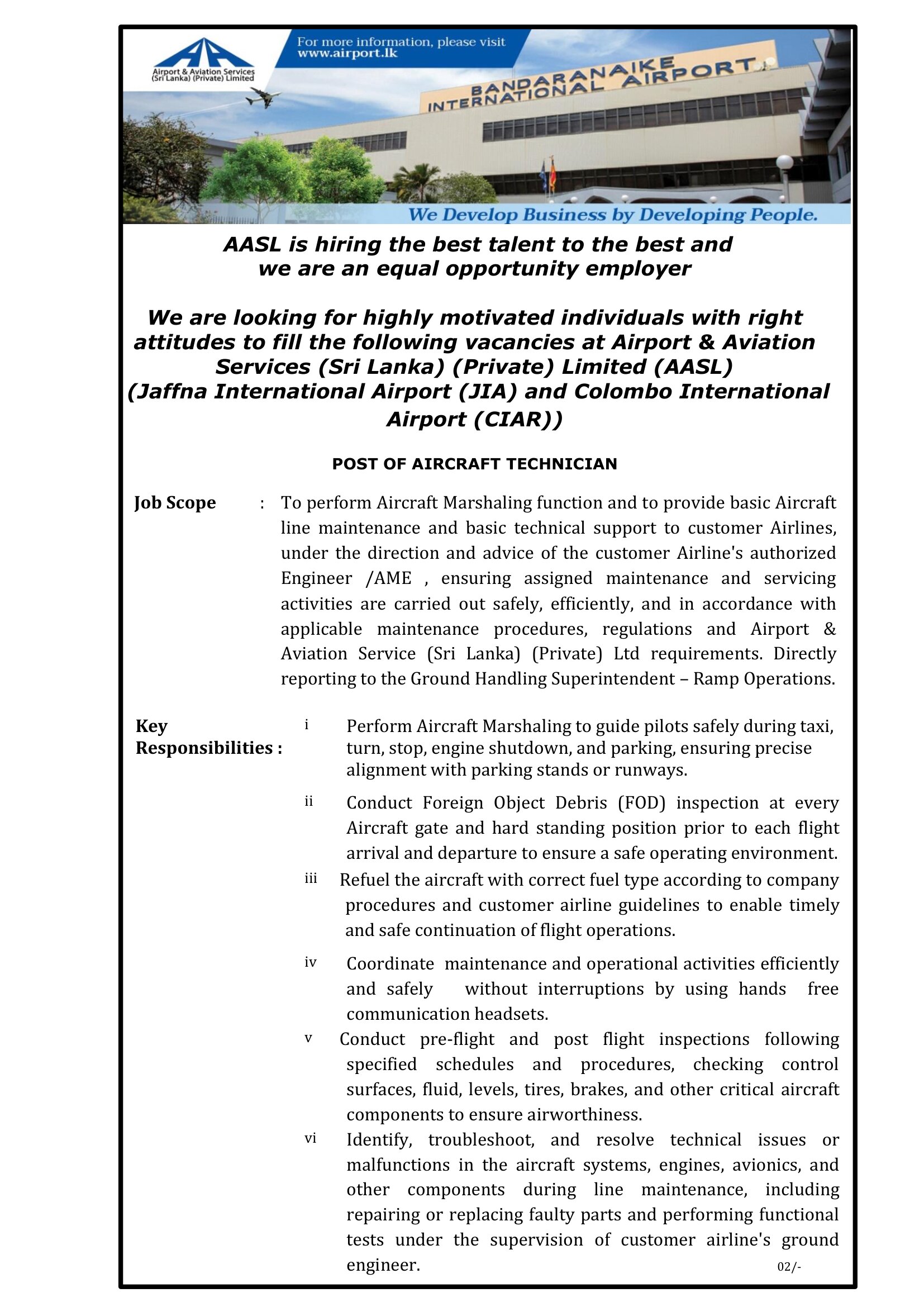 Aircraft Technician - Airport & Aviation Services (Sri Lanka) (Private) Limited