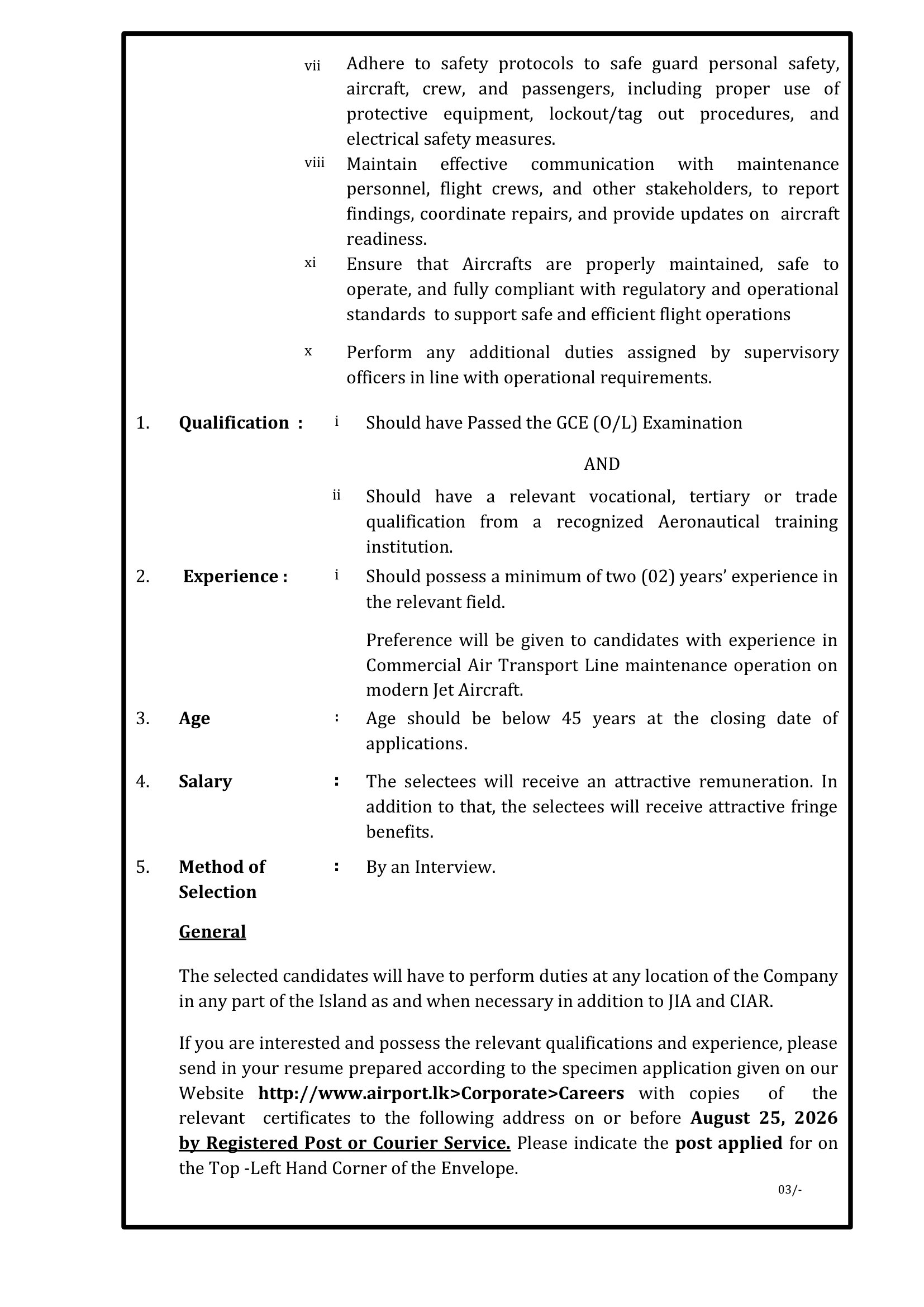Aircraft Technician - Airport & Aviation Services (Sri Lanka) (Private) Limited