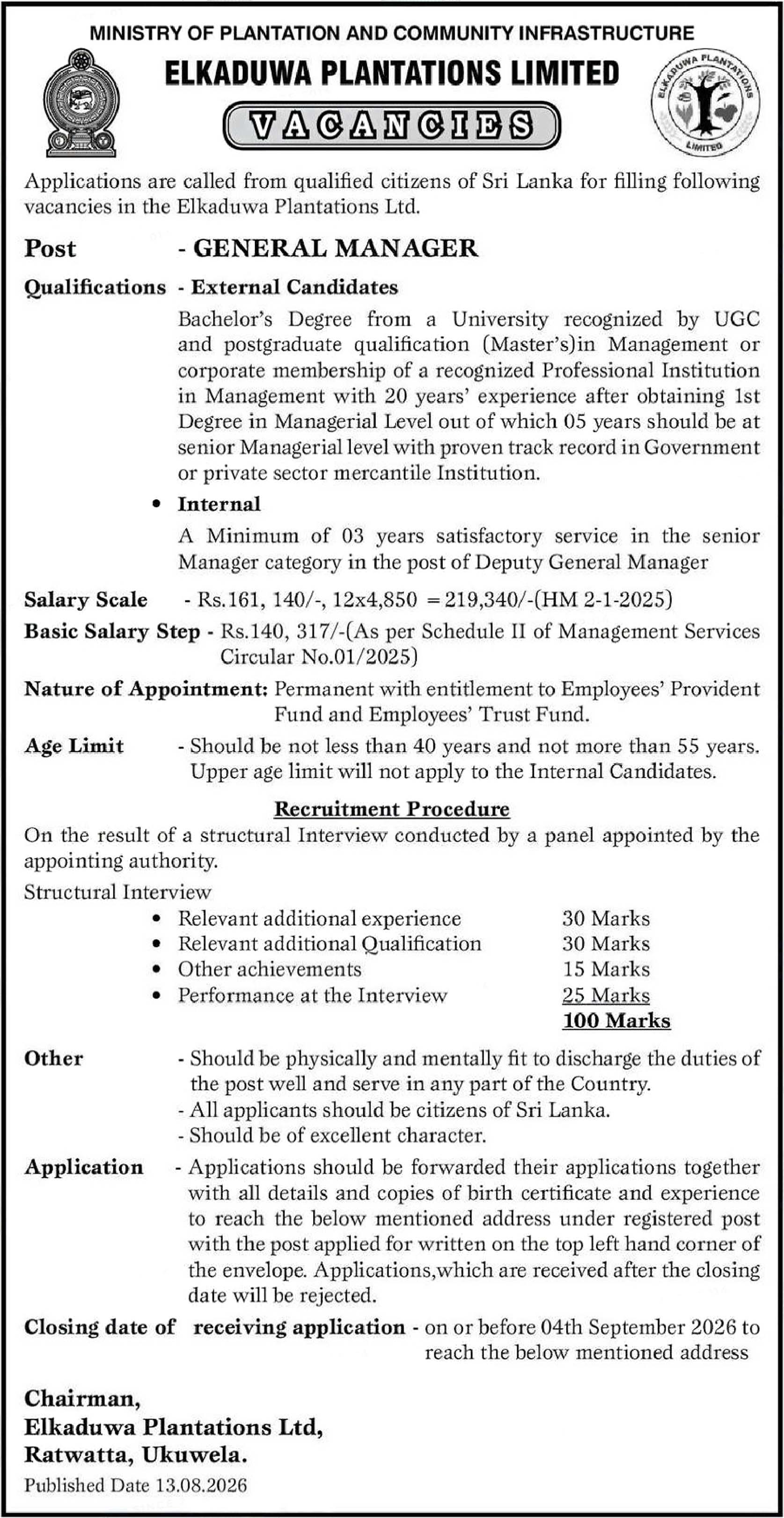 General Manager - Elkaduwa Plantations Limited