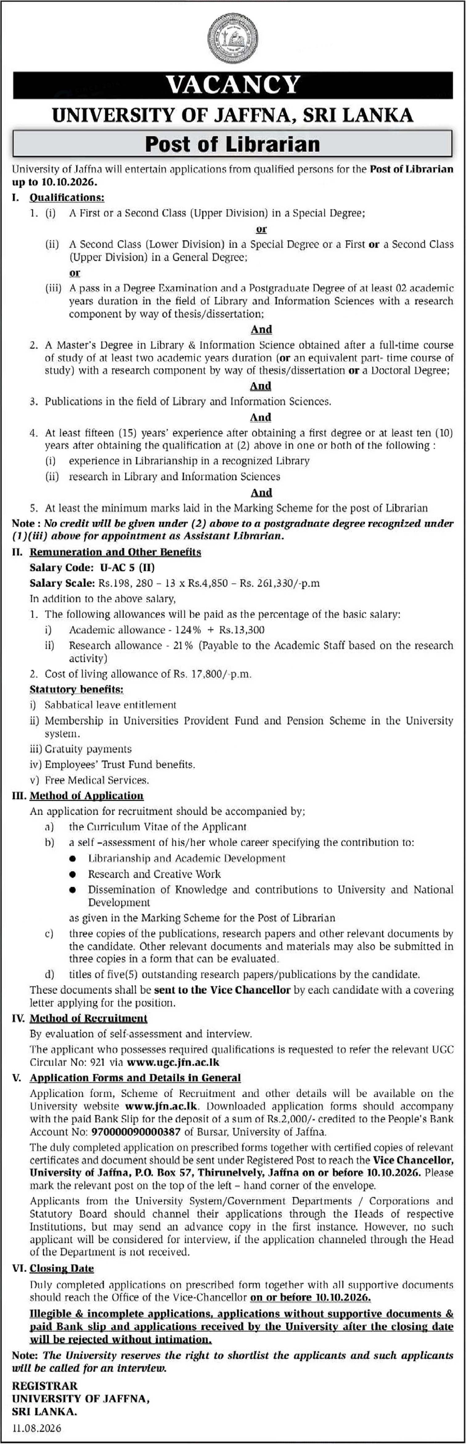 Librarian - University of Jaffna