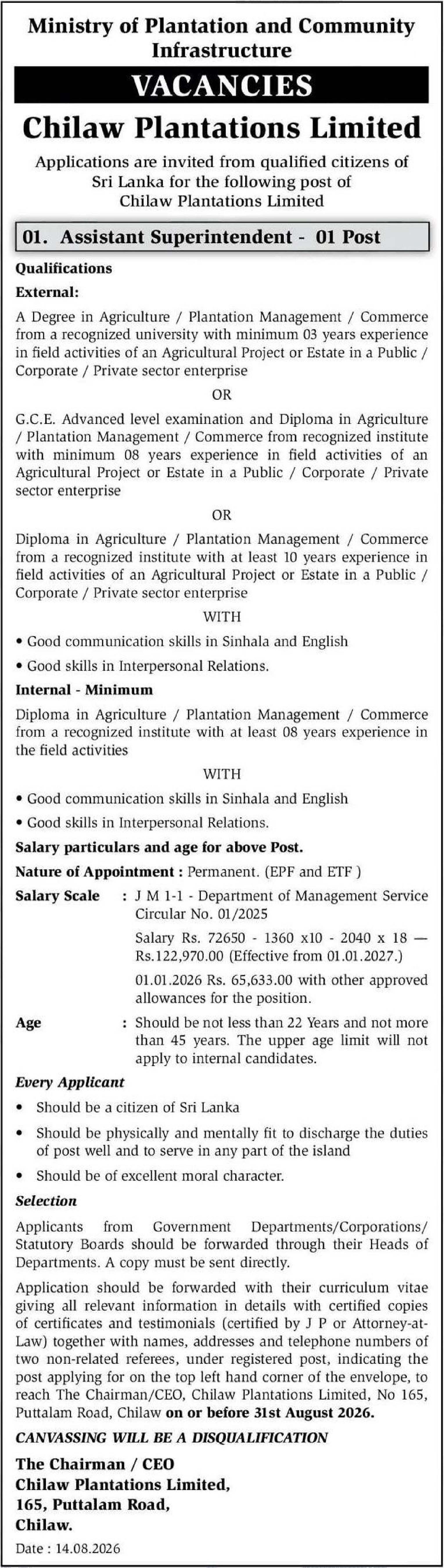 Assistant Superintendent - Chilaw Plantations Limited