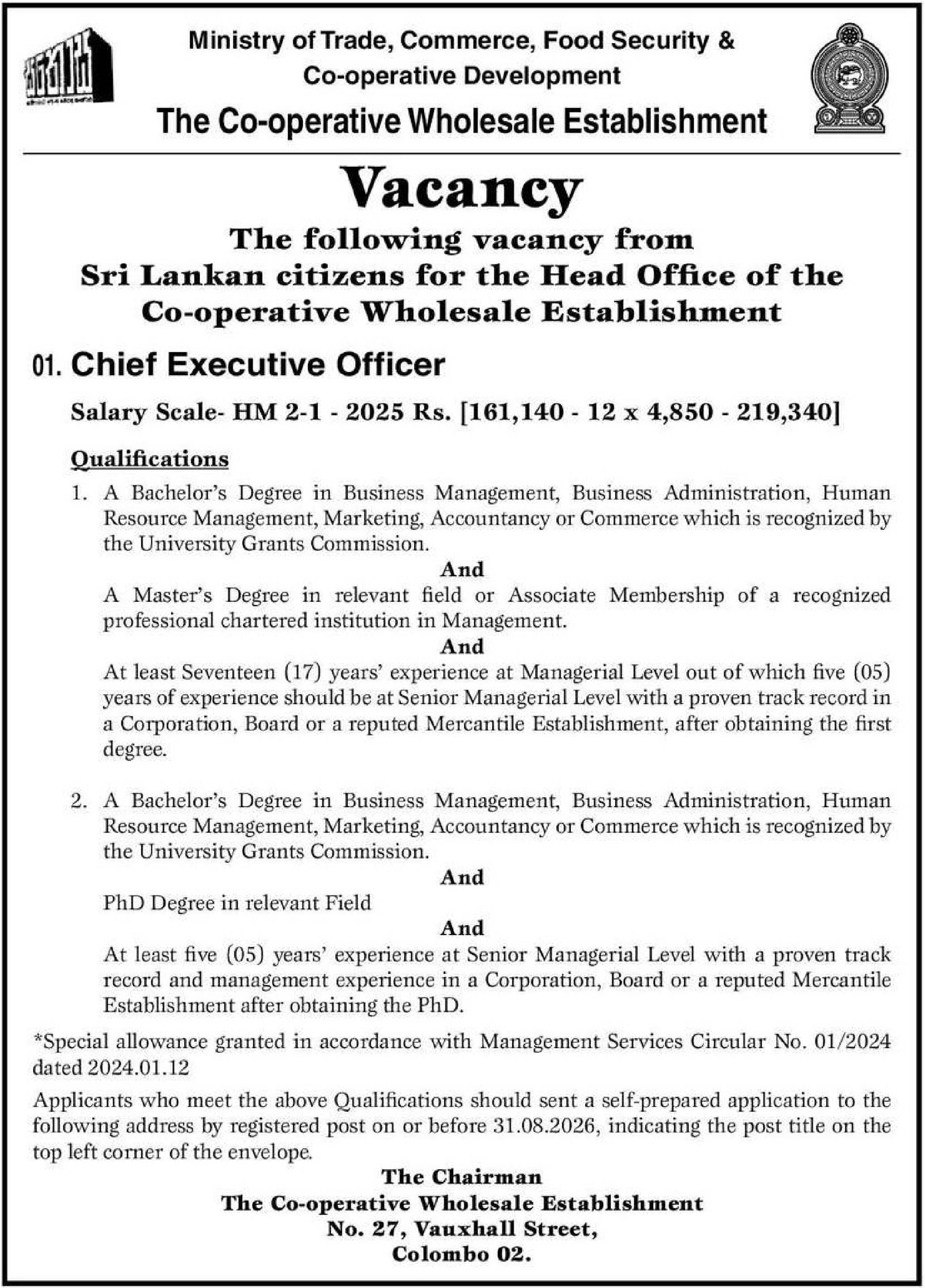 Chief Executive Officer - Cooperative Wholesale Establishment