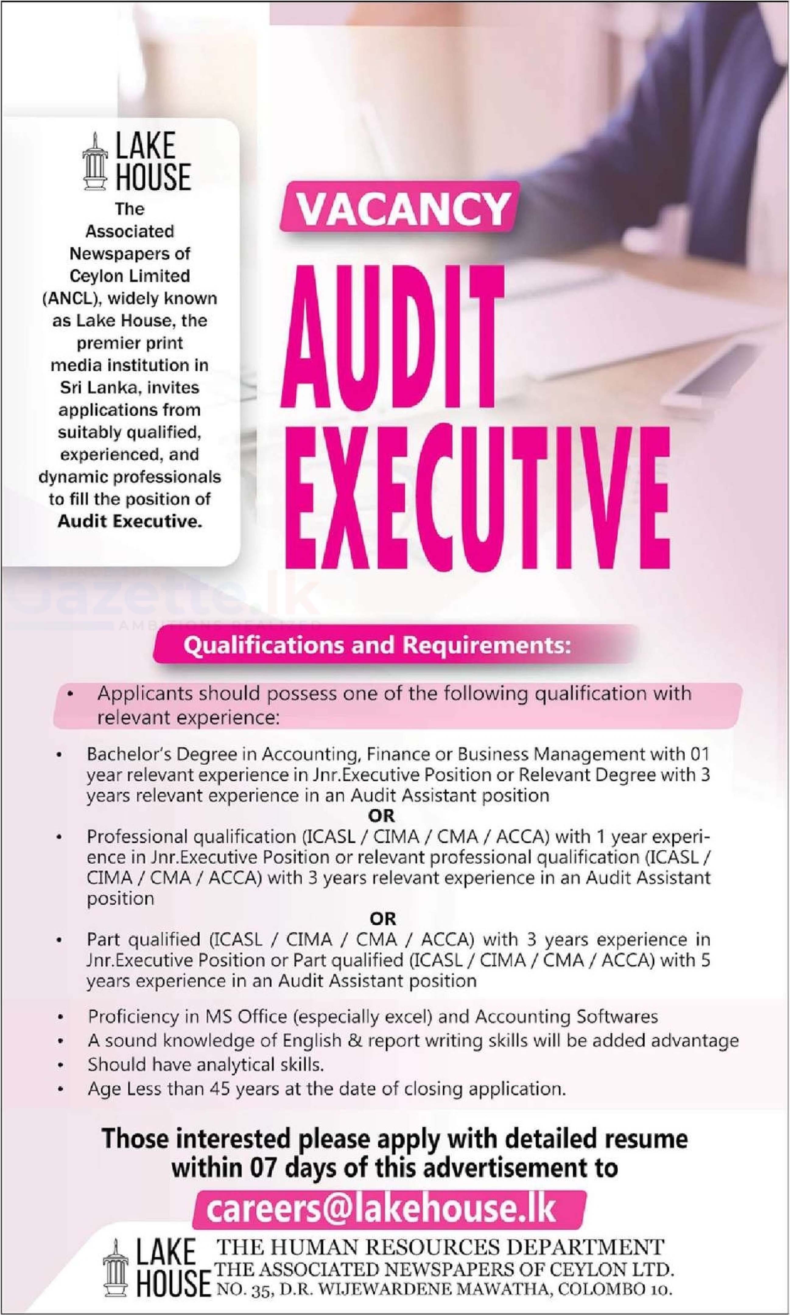 Audit Executive - The Associated Newspapers of Ceylon Limited