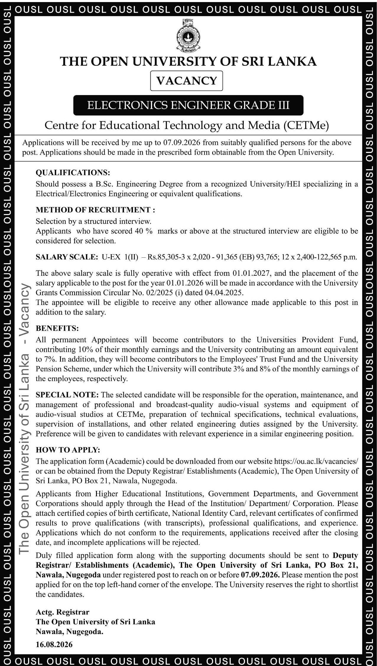 Electronics Engineer - The Open University of Sri Lanka