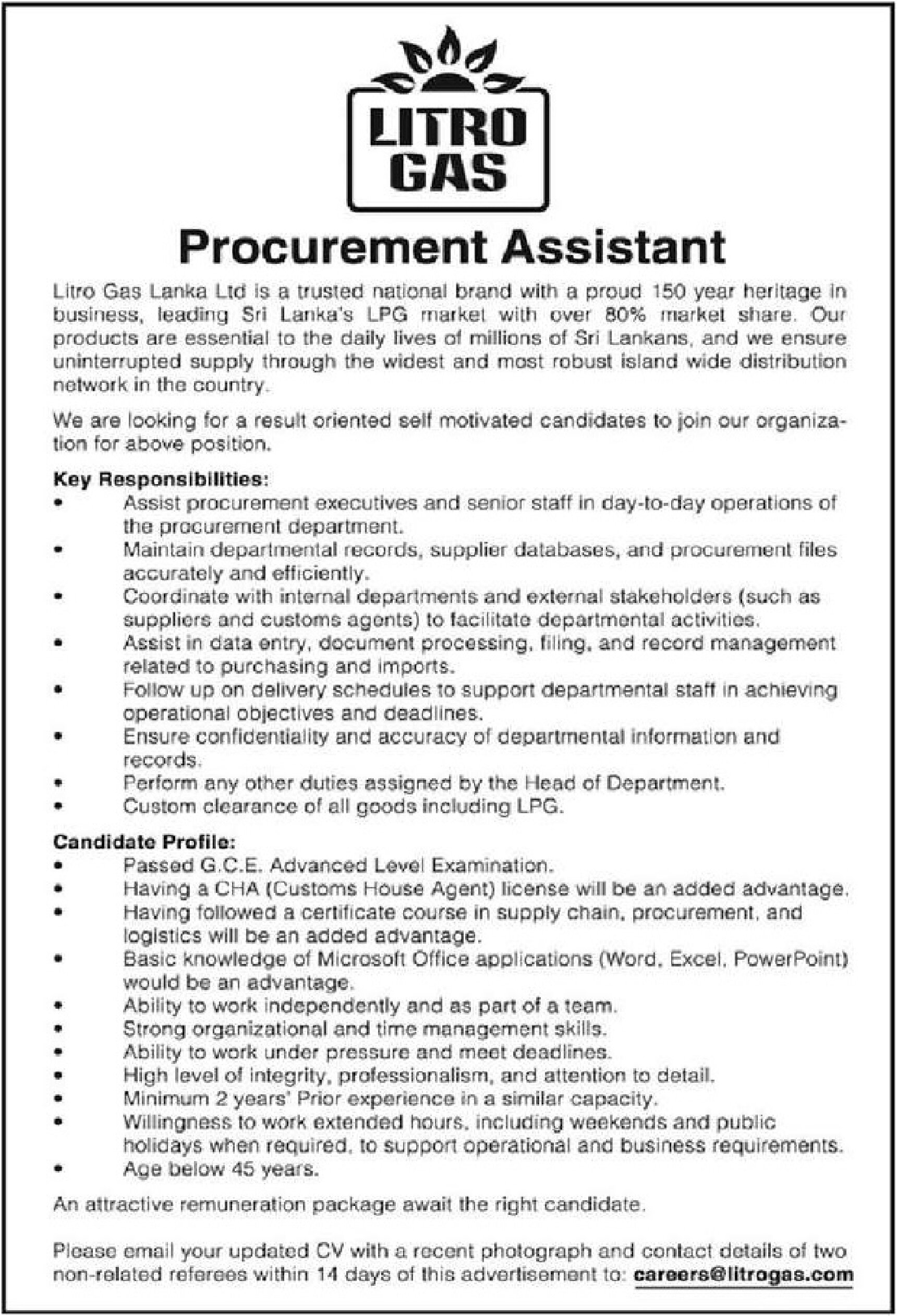 Procurement Assistant - Litro Gas Lanka Ltd