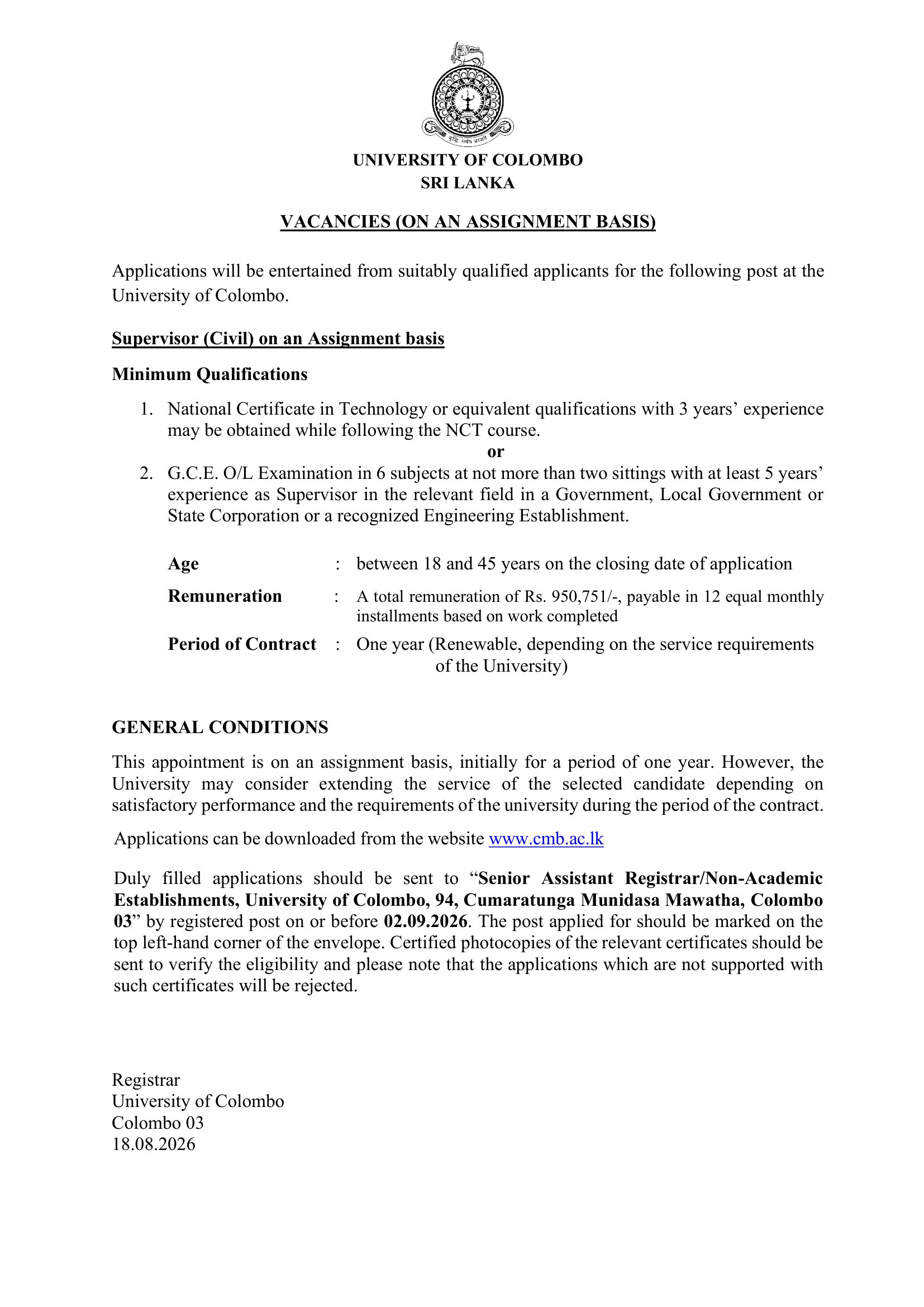 Supervisor (Civil) - University of Colombo