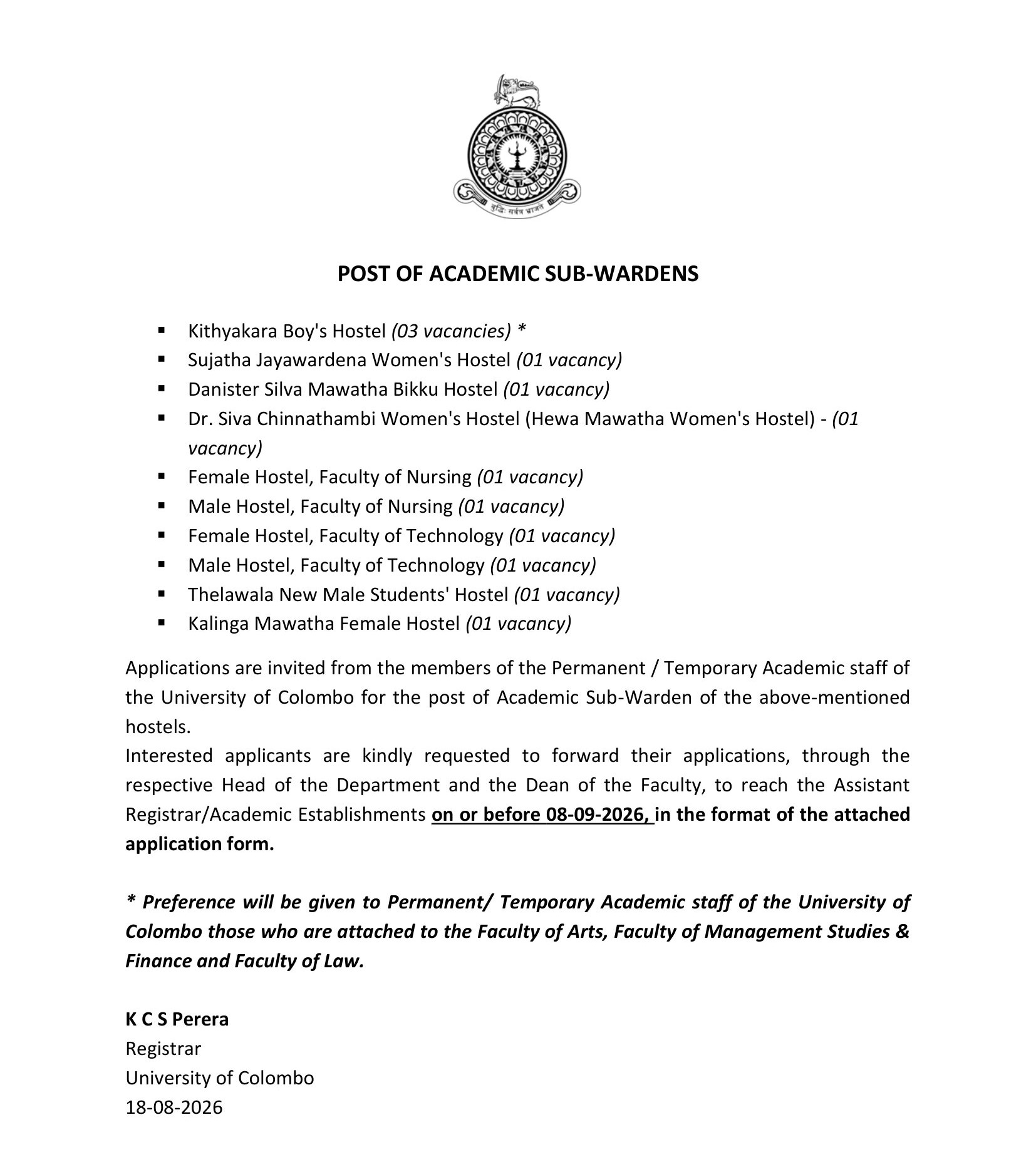 Sub Warden - University of Colombo