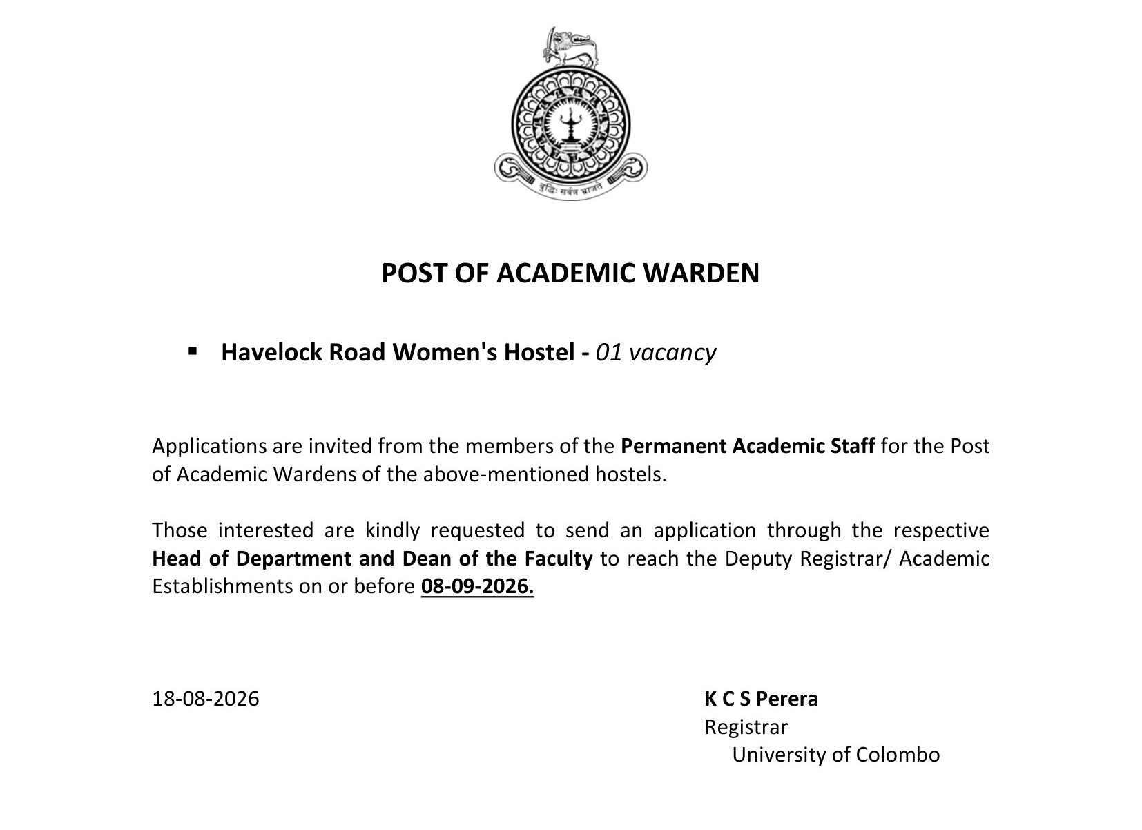 Academic Warden - University of Colombo