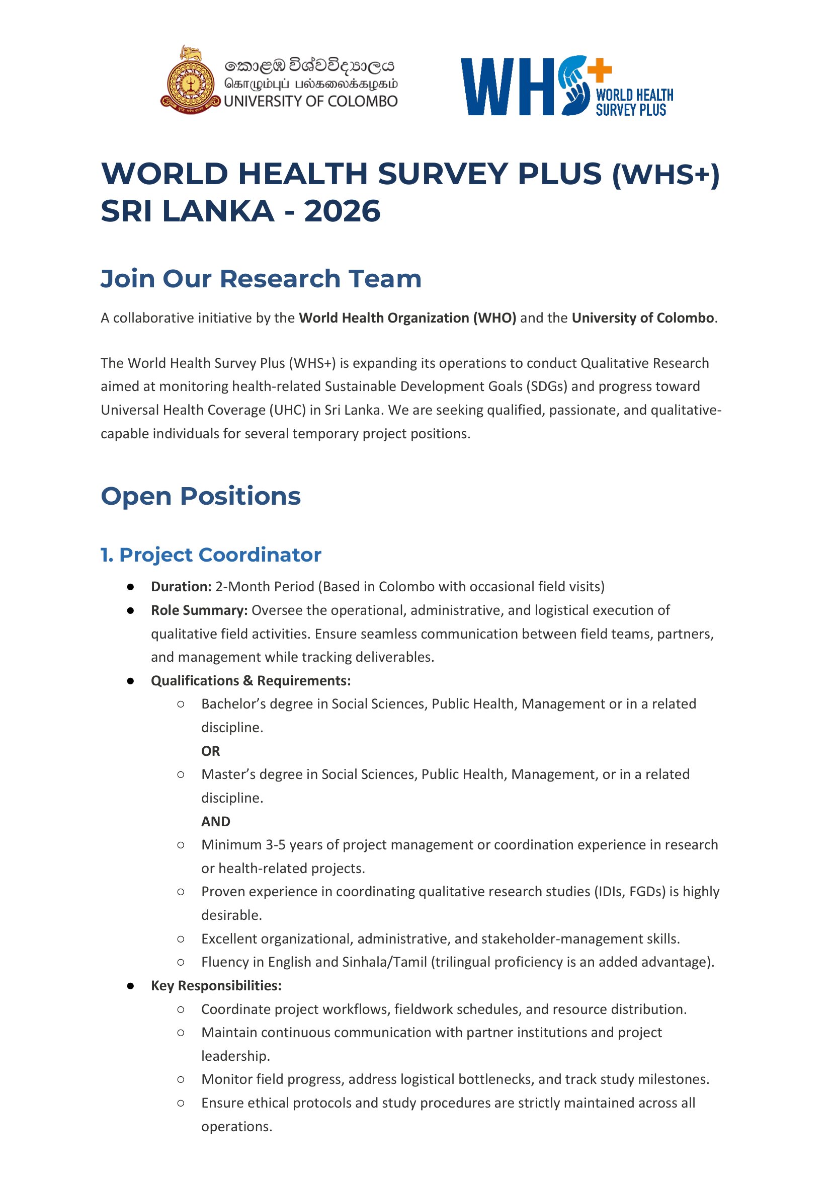 Project Coordinator, Data Manager, Supervisor - University of Colombo