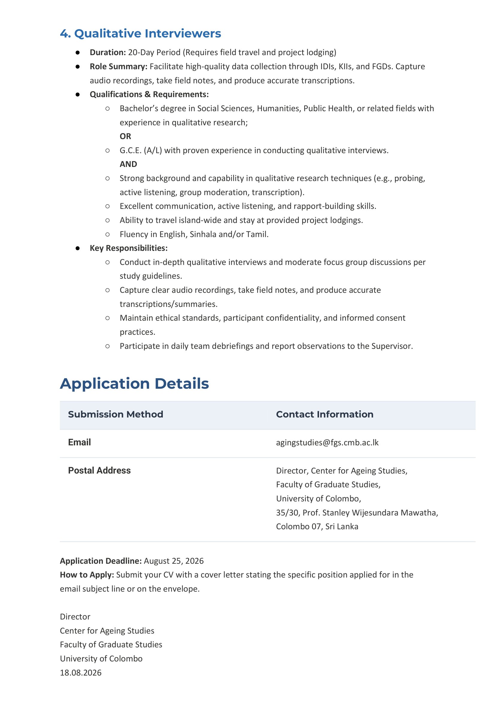 Project Coordinator, Data Manager, Supervisor - University of Colombo