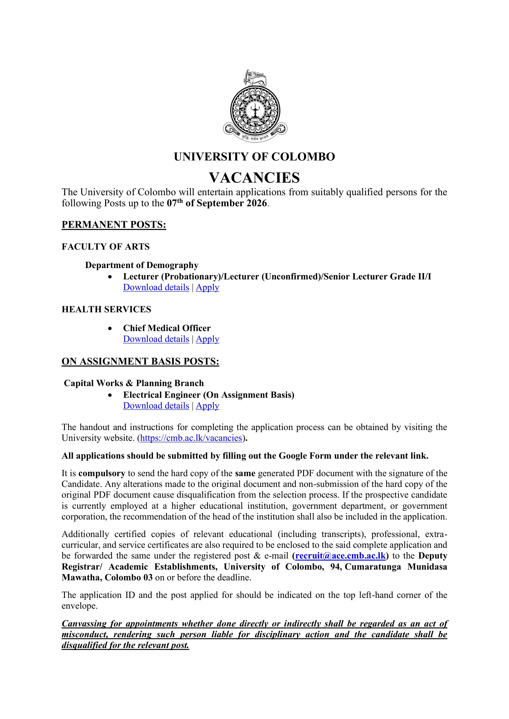 Chief Medical Officer, Electrical Engineer, Lecturer, Senior Lecturer - University of Colombo