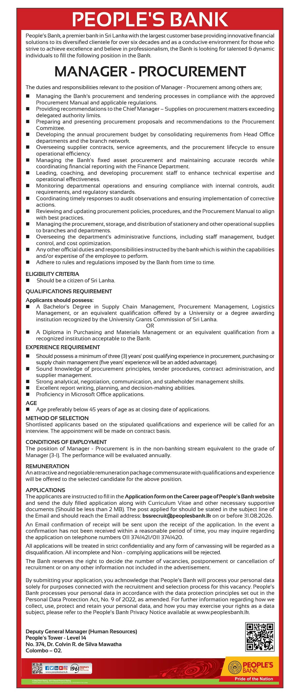 Manager (Procurement) - People’s Bank