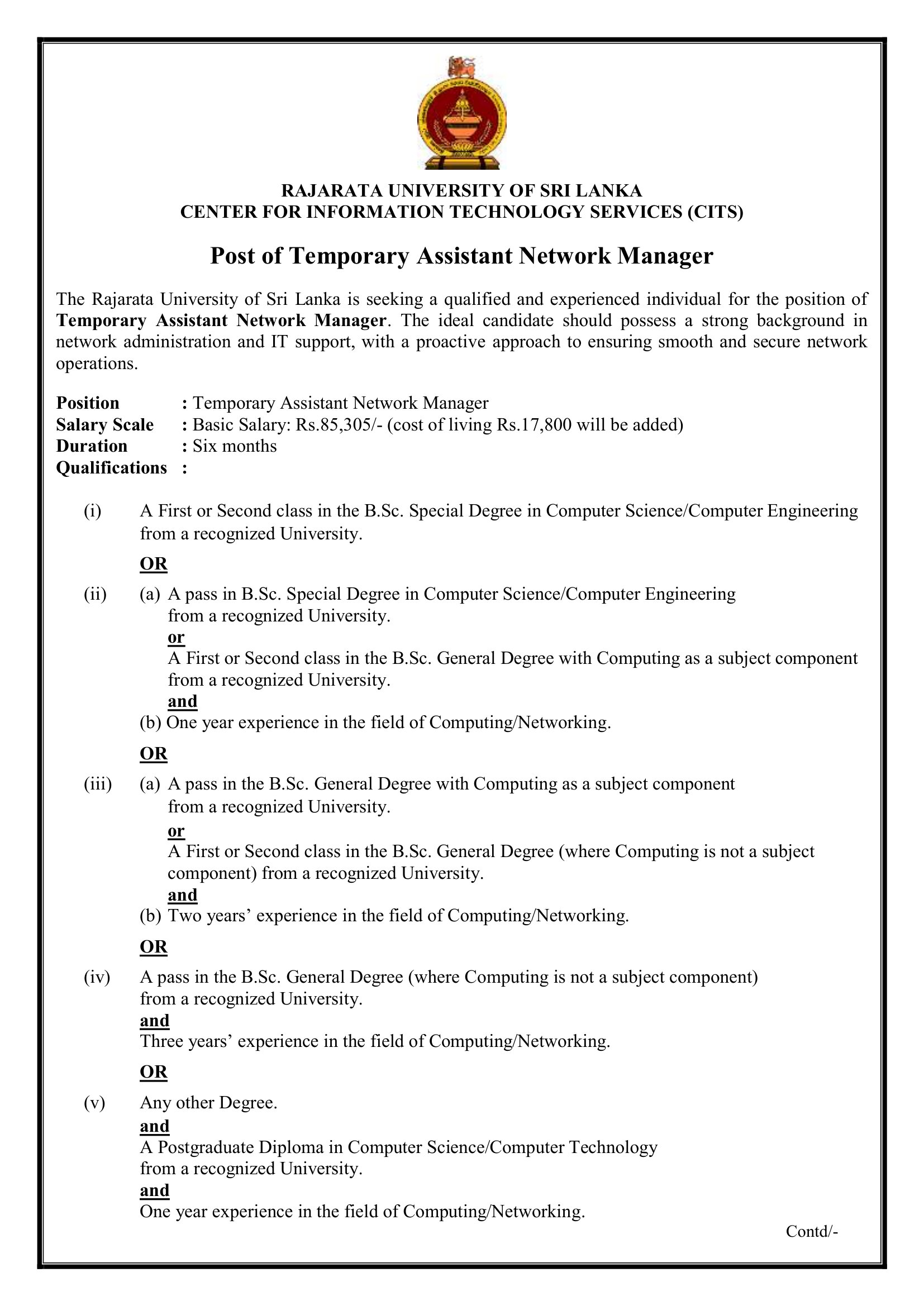 Assistant Network Manager - Rajarata University of Sri Lanka