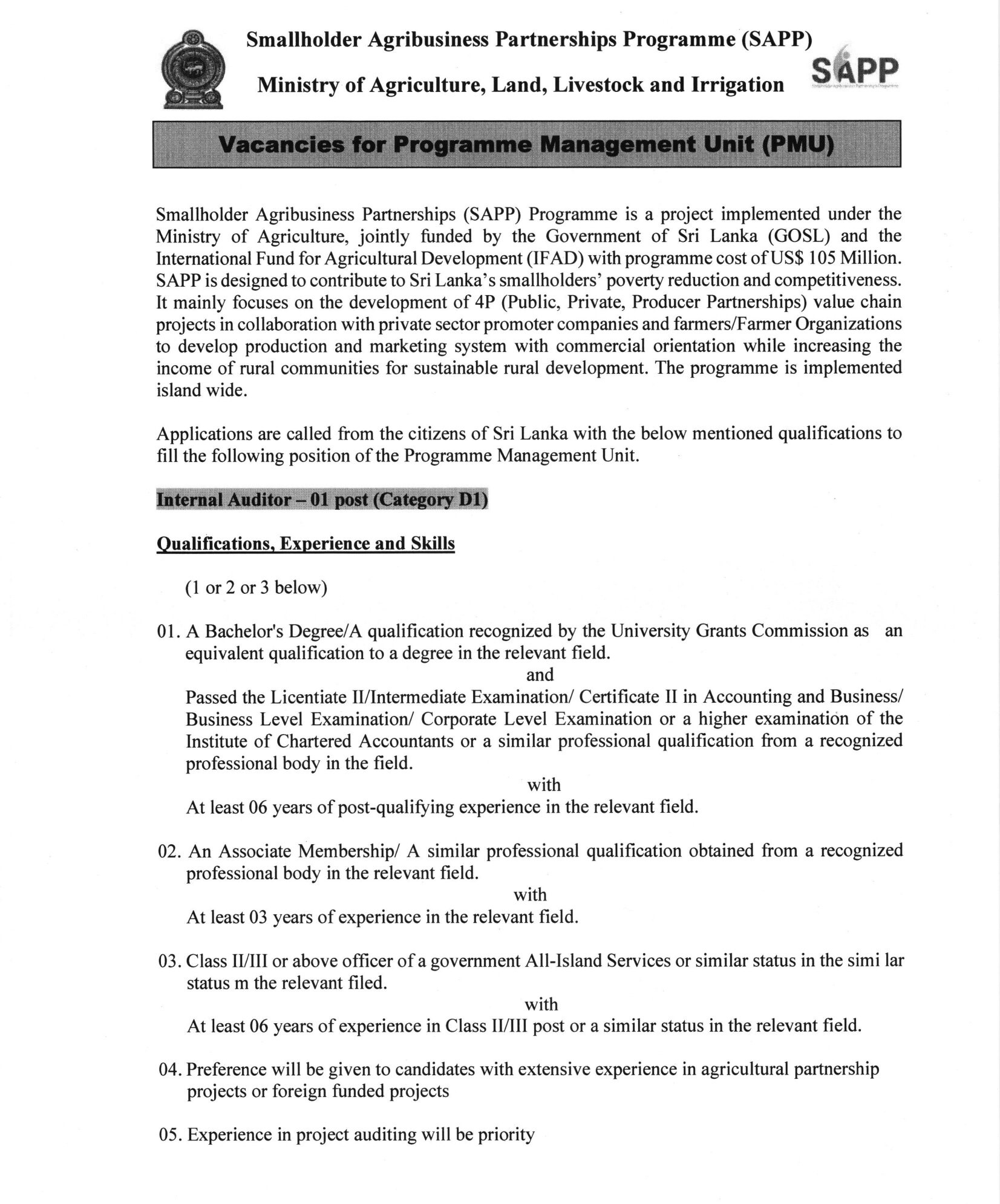 Internal Auditor - Smallholder Agribusiness Partnership Programme - Ministry of Agriculture, Land, Livestock & Irrigation