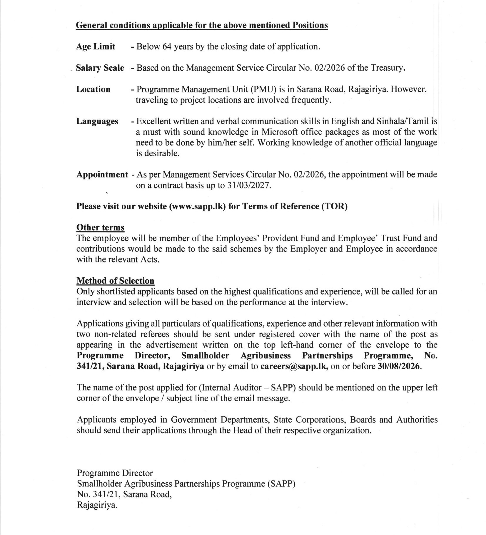 Internal Auditor - Smallholder Agribusiness Partnership Programme - Ministry of Agriculture, Land, Livestock & Irrigation