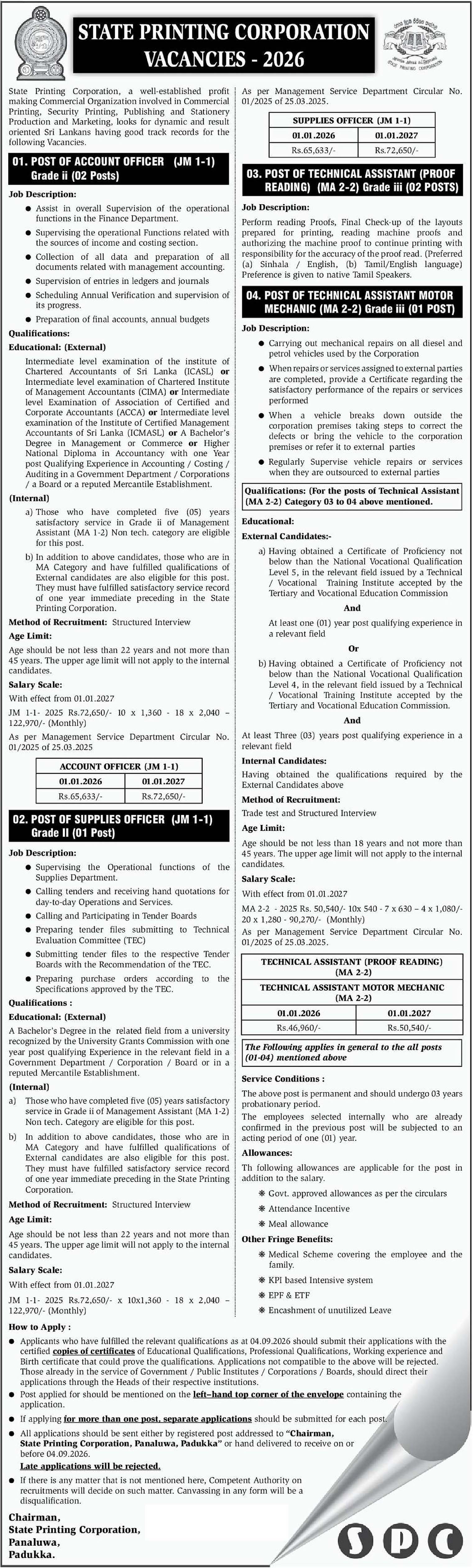 Account Officer, Supplies Officer, Technical Assistant (Proof Reading, Motor Mechanic) - State Printing Corporation