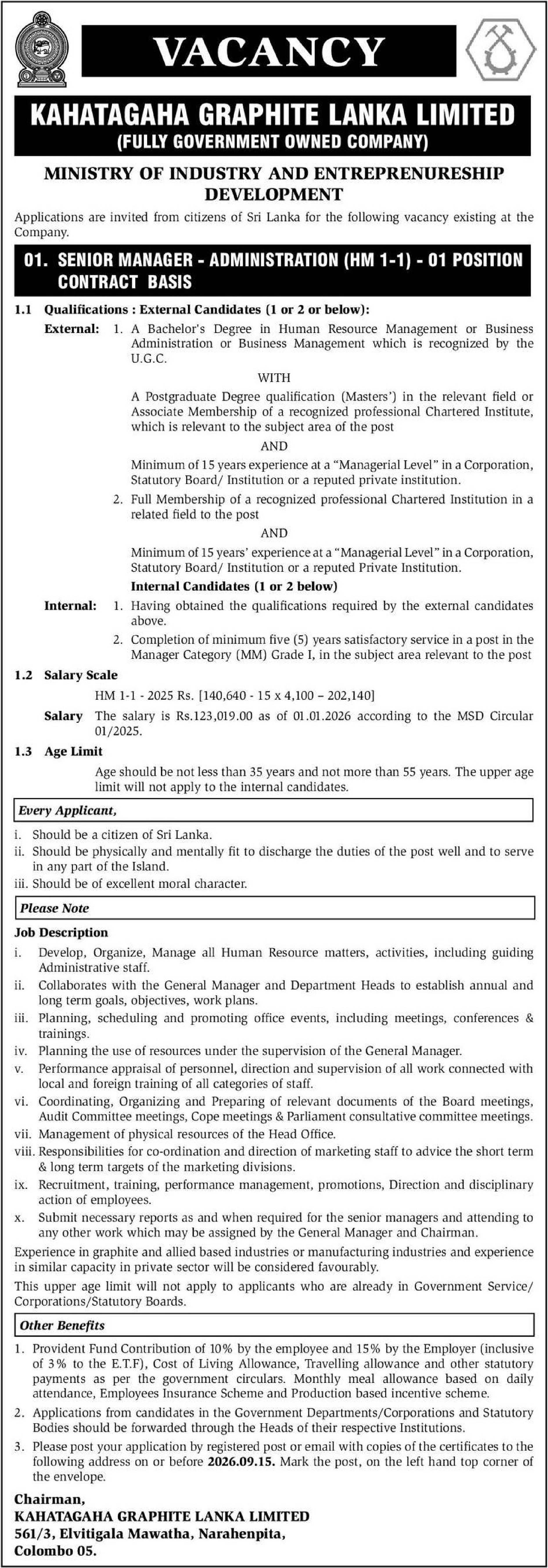 Senior Manager (Administration) - Kahatagaha Graphite Lanka Limited