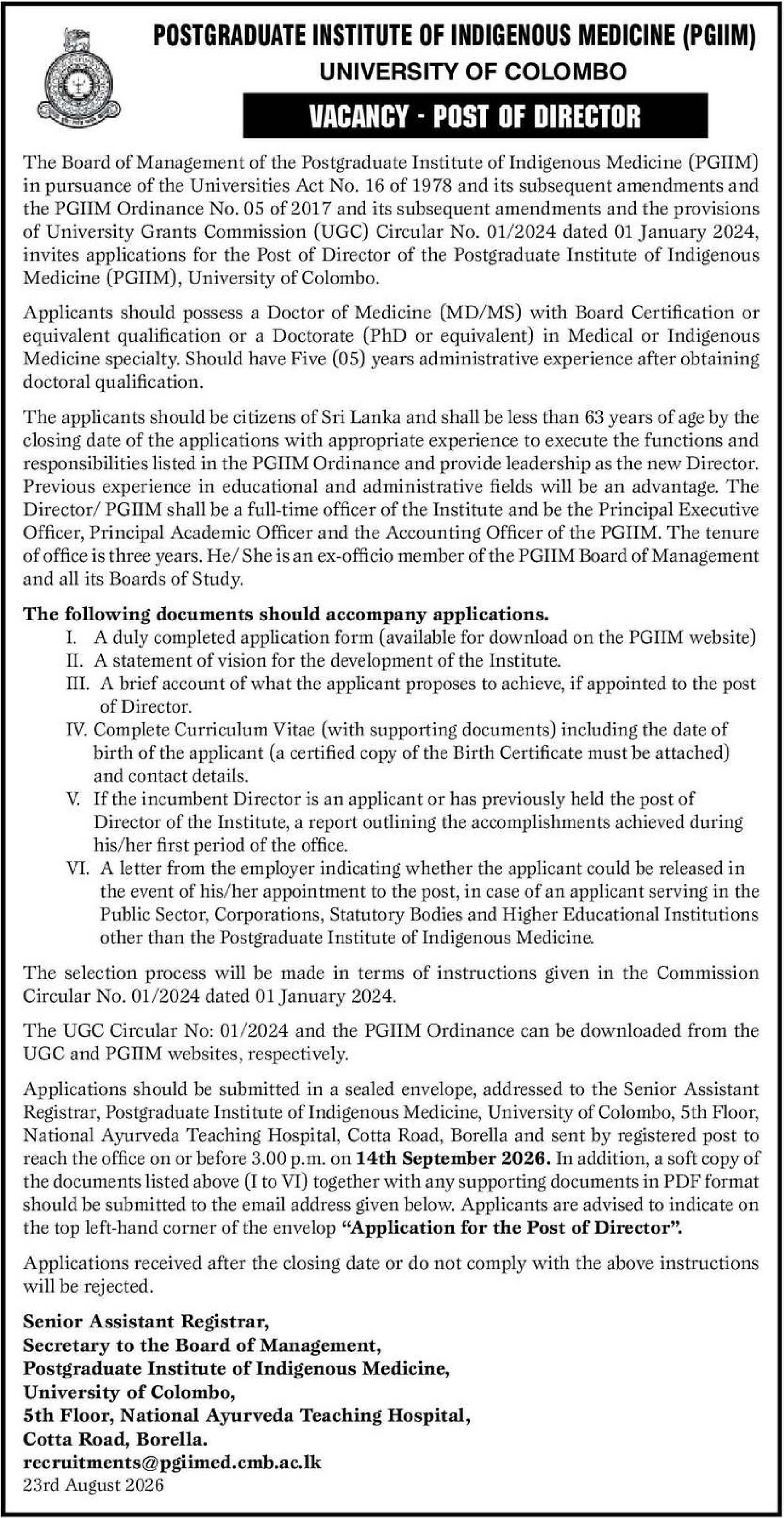 Director - Postgraduate Institute of Indigenous Medicine - University of Colombo