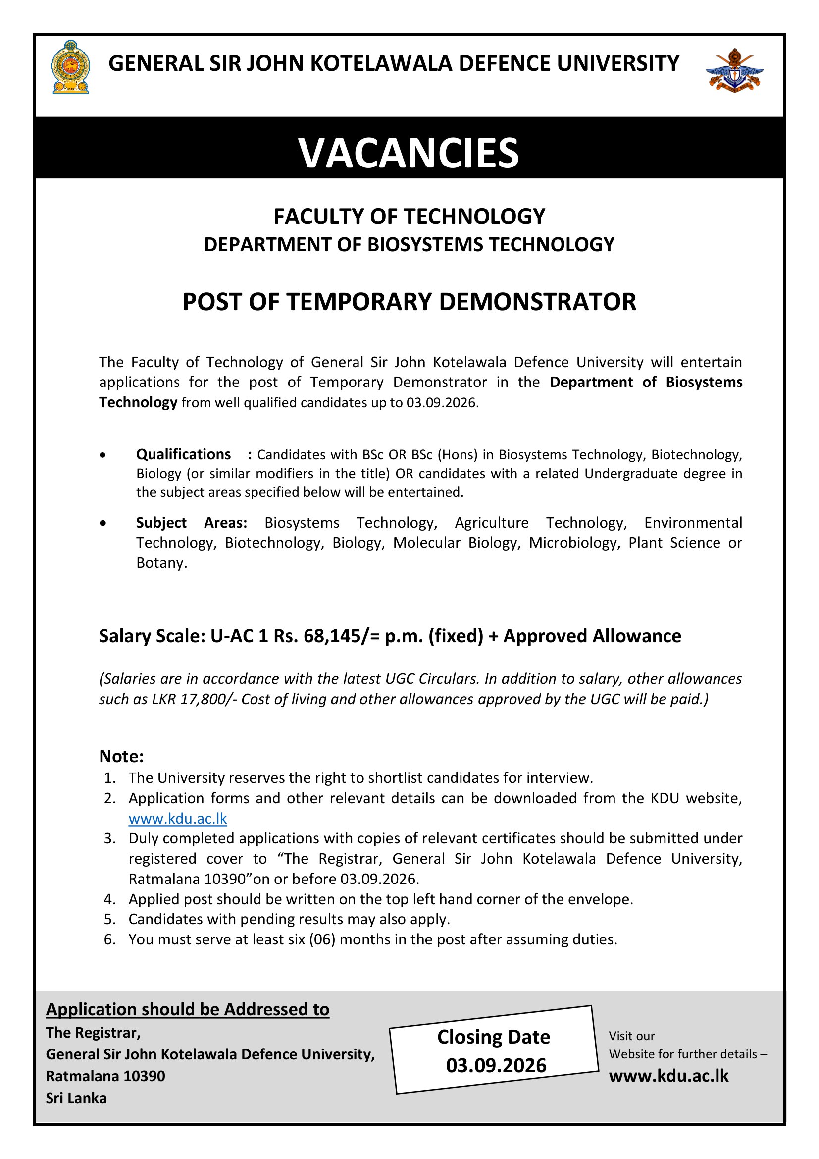 Temporary Demonstrator - General Sir John Kotelawala Defence University