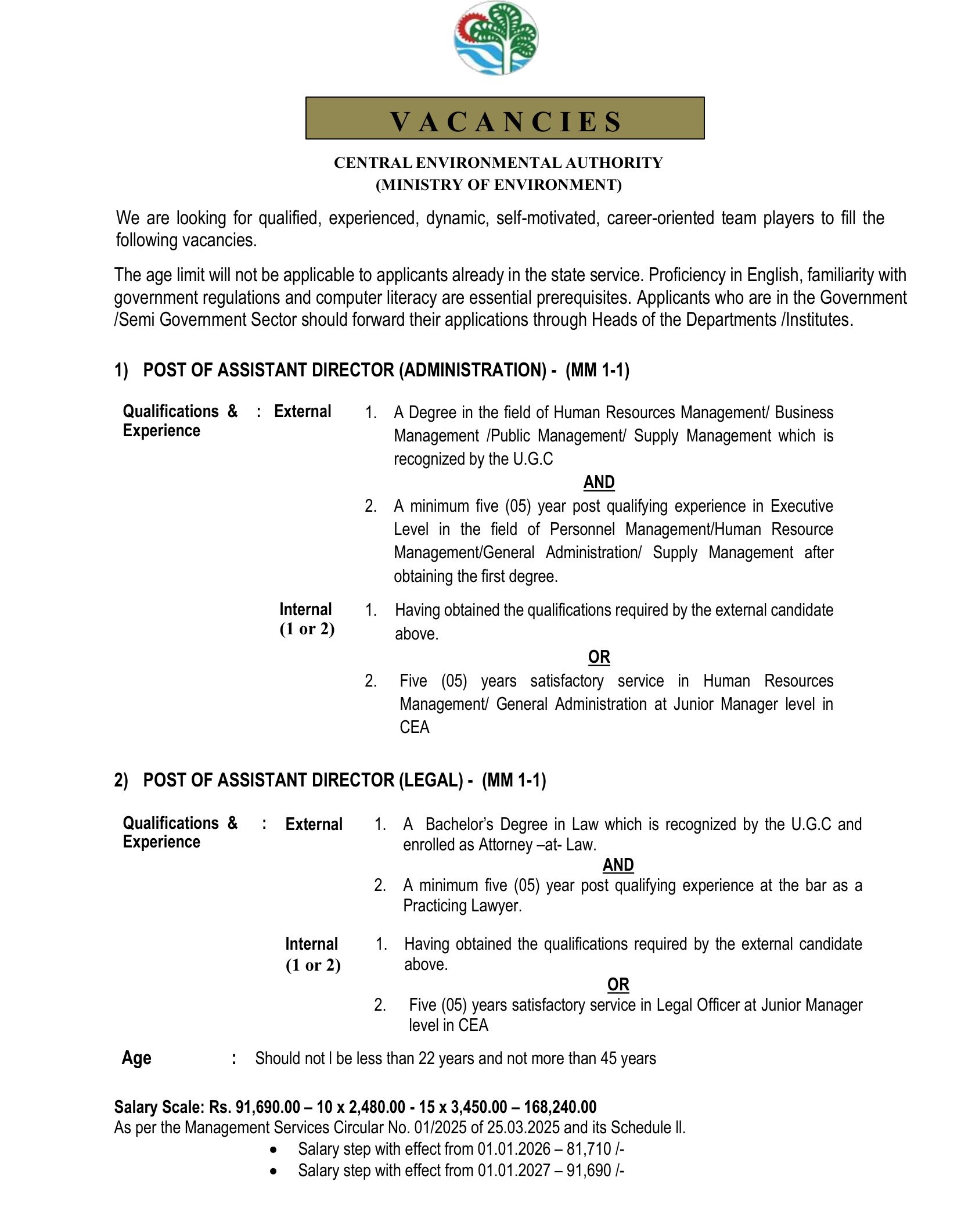 Assistant Director (Administration, Legal) - Central Environmental Authority