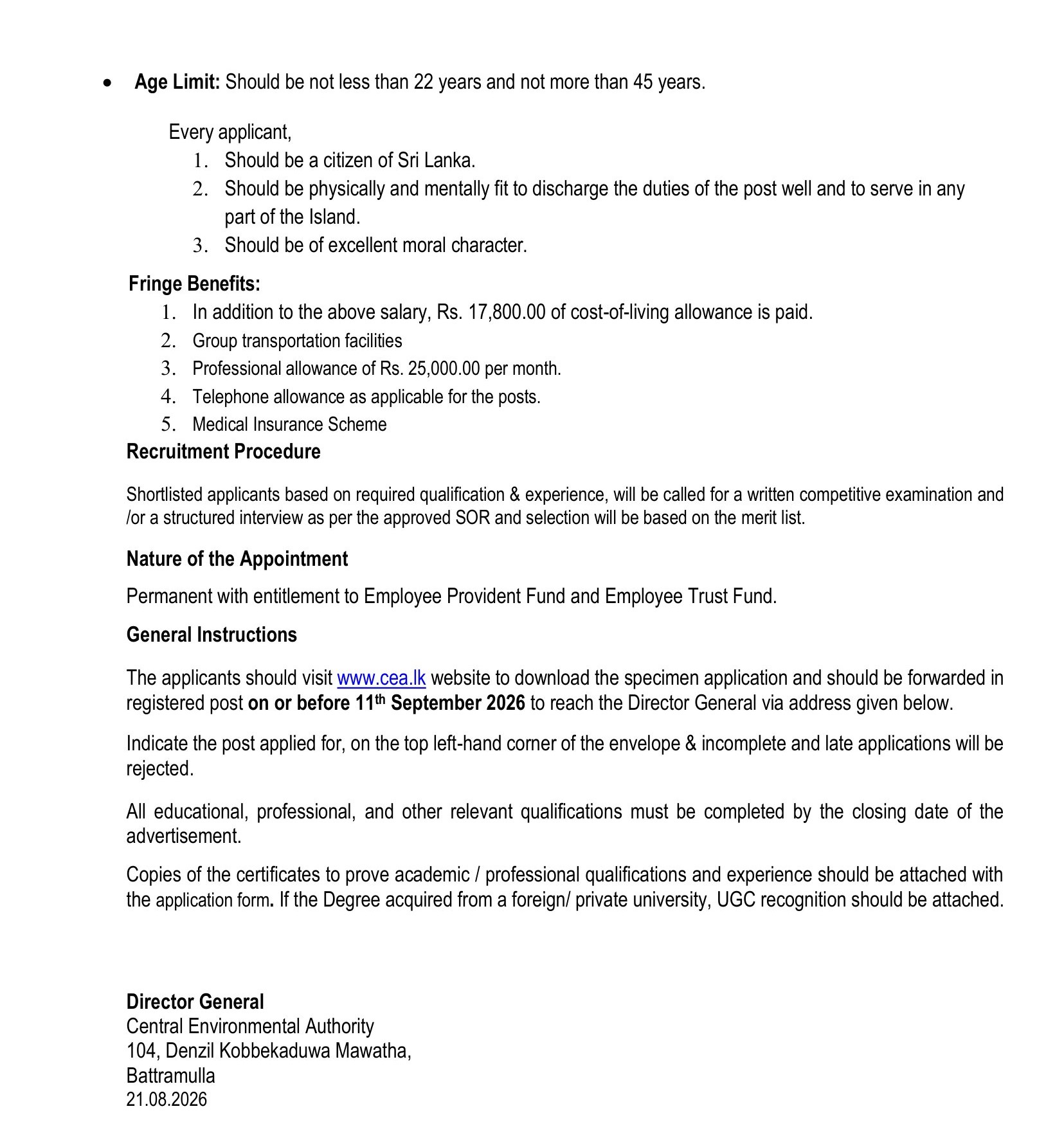 Assistant Director (Administration, Legal) - Central Environmental Authority